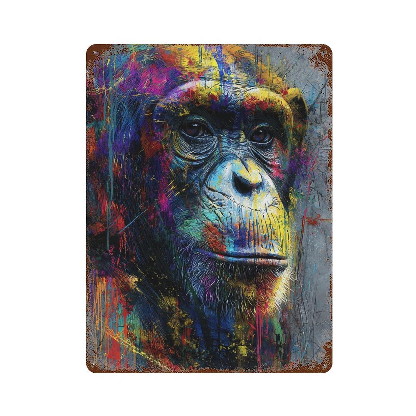 Colorful Chimpanzee Portrait Art Print Vintage Metal Tin Sign 15.7"x11.8", Ideal for Living Room, Hallway And Home Decor