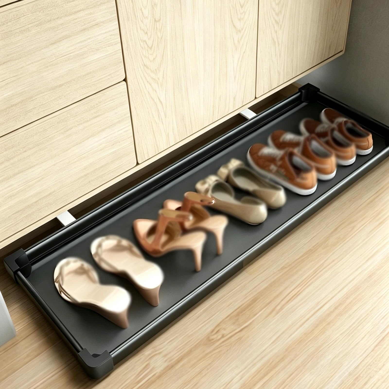 Étagère à chaussures extractible sans perçage, largeur réglable de 40,6 à 86,4 cm, glissières à fermeture amortie, design push-to-open pour bas d'armoire (noir, 51,1 x 46 cm)