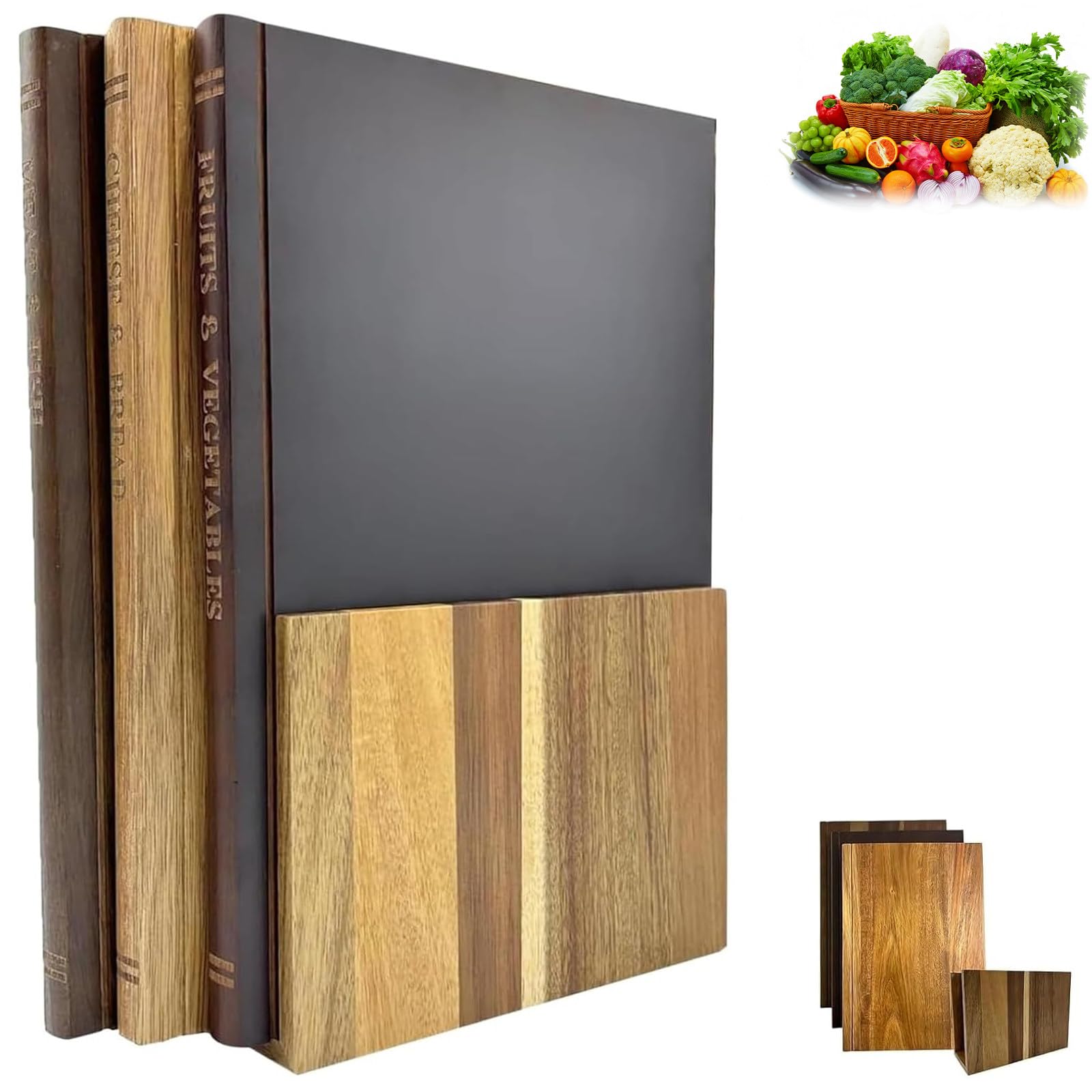 Tabla De Cortar Con Forma De Libro, Tabla De Cortar De Cocina, Tabla De Cortar Decorativa, Madera Maciza De Acacia, Juego De Tres Piezas Con Soporte,Para Uso Doméstico y De Entretenimiento.