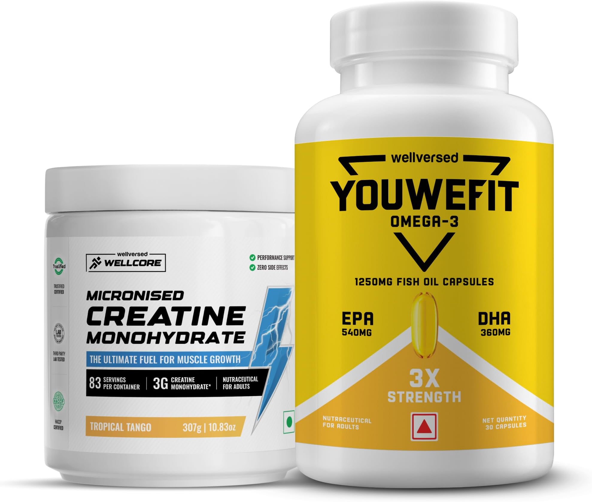 Wellcore - Pure Micronised Creatine Monohydrate | Rapid Absorption | Enhanced Muscle Strength & Power (Tropical Tango (83) + Fish Oil (30), Creatine + Omega)