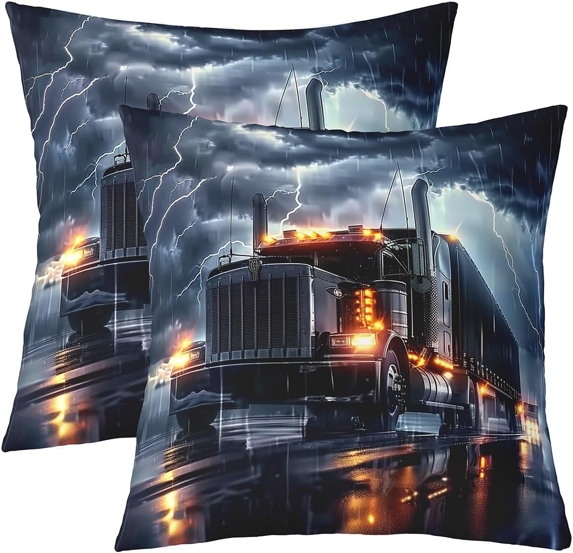 3D Truck Pillow Covers Natural Dark Clouds Lightning Cushion Covers for Kids Boys Teens Adults Cool Truck Vehicle Decorative Modern Pillow Cases for Couch Living Room 24x24 Inch Set of 2