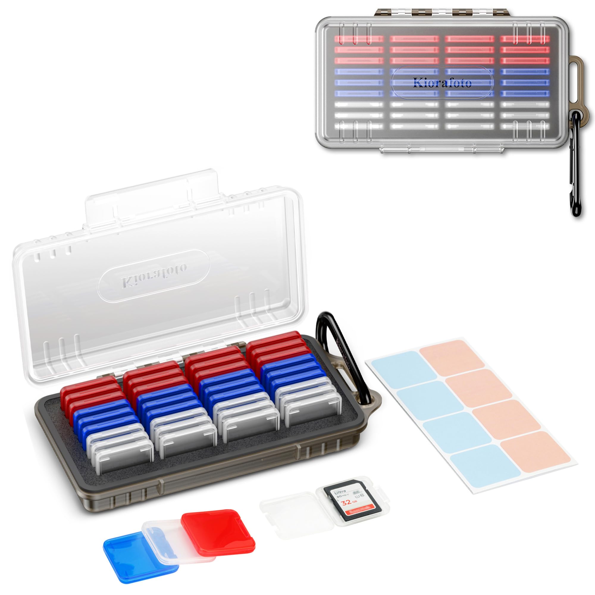 Kiorafoto Estuche para tarjetas de memoria SD con 36 fundas individuales de plástico transparente para tarjetas SD SDXC SDHC, resistente al agua, a prueba de golpes y polvo, transparente