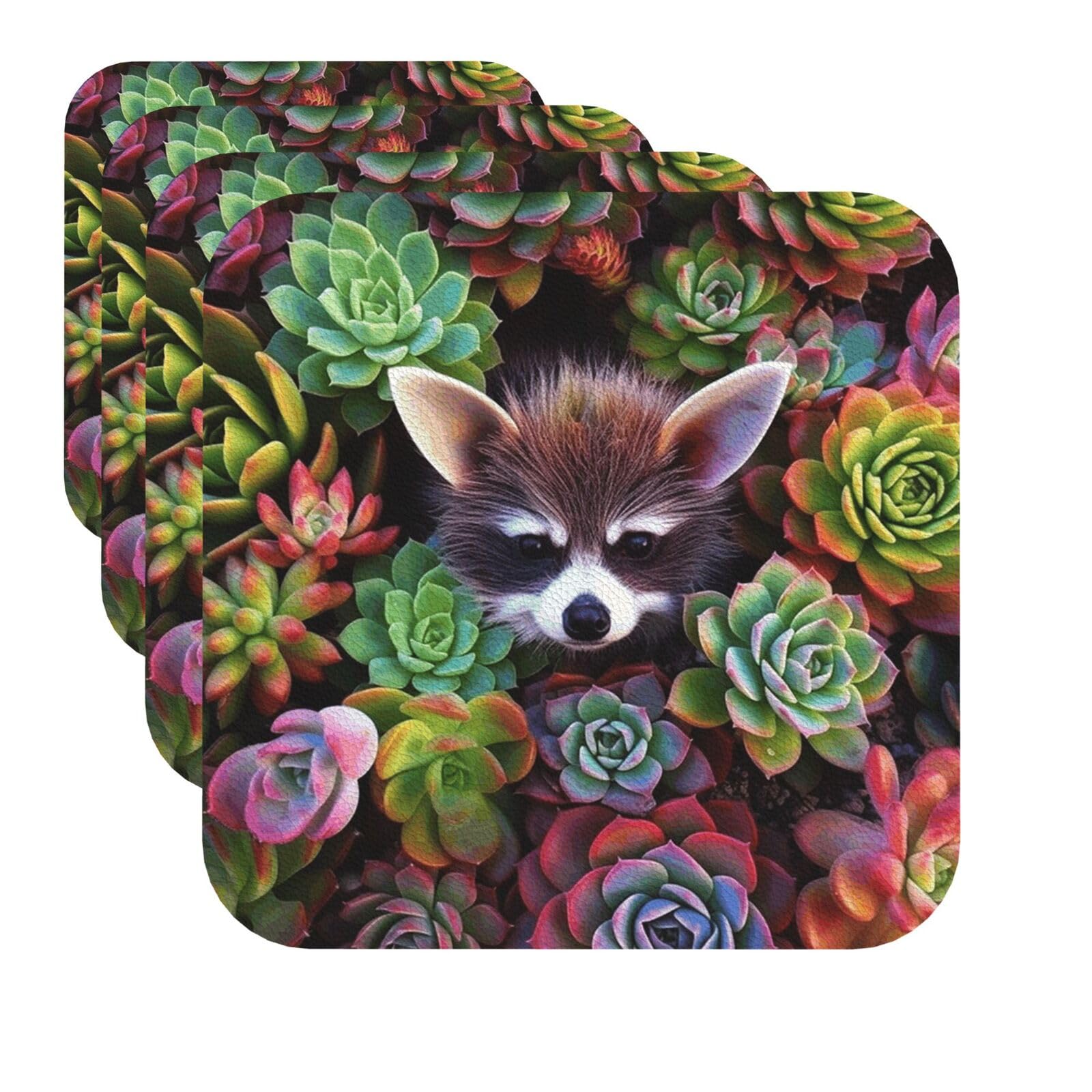 Drink Coasters Set of 4 Quick-Dry Leather Coaster Colorful Succulents Plants Coasters for Drinks Coffee Cup Mat Tabletop Protection Heat Resistant Coaster for Kitchen Bar Office Home Decor