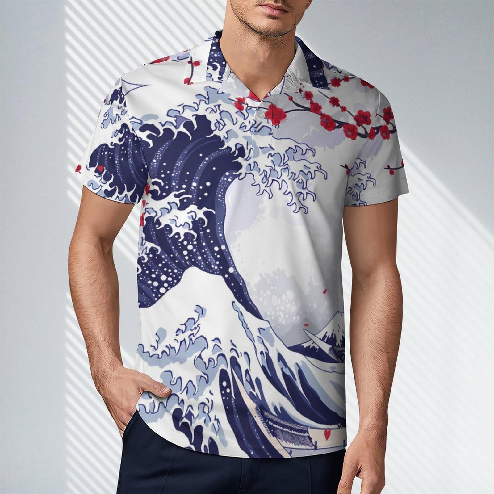 Japanese Great Wave Cherry Novelty Men's Short Sleeve Shirts Funny Golf Tennis Work T-Shirt Sport Tee S