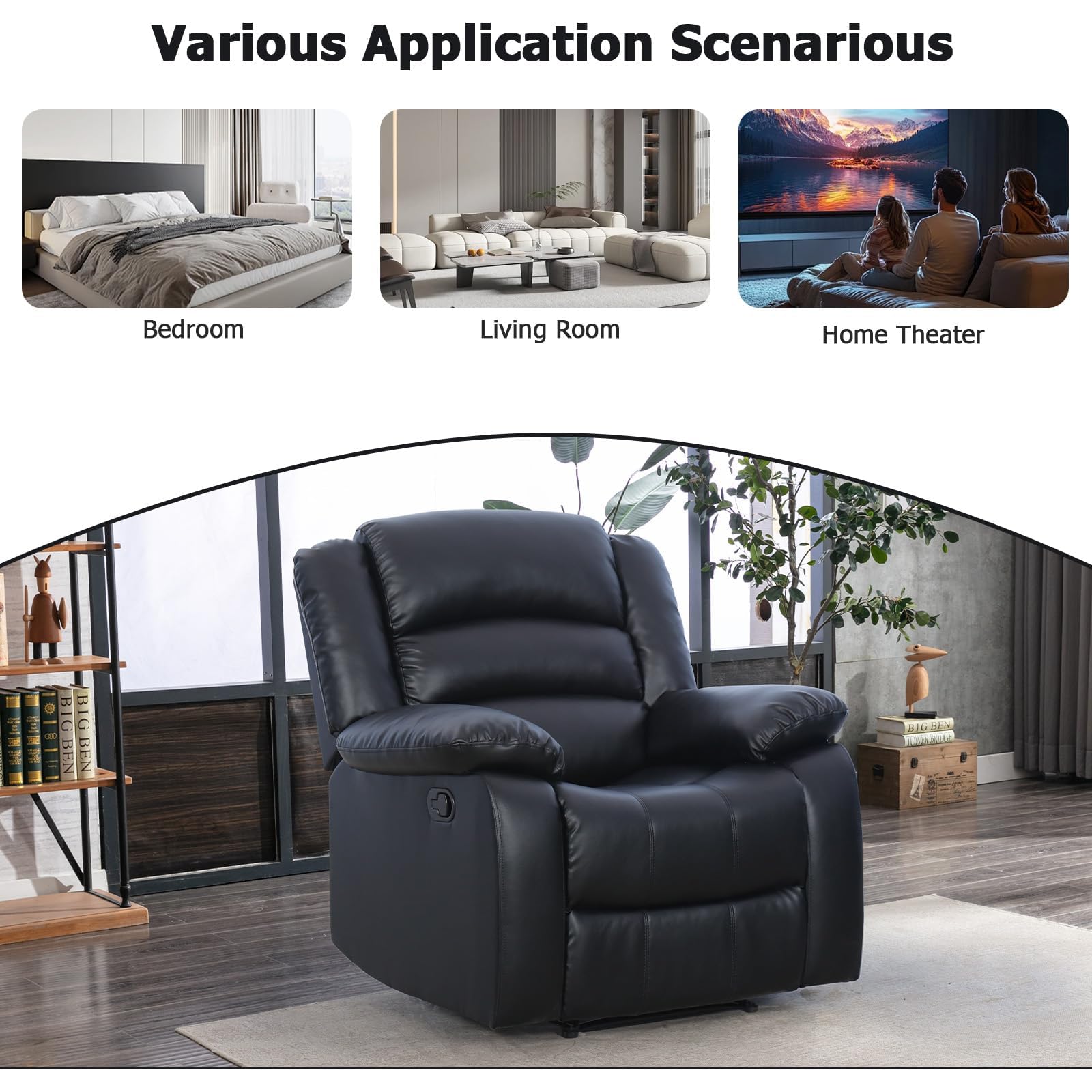 EBELLO Faux Leather Manual Recliner Sofa, Overstuffed Comfortable Armrest 3 Seat Sofa, Reclining Couches for Living Room, Bedroom Furniture, Meeting Room, Black view 5