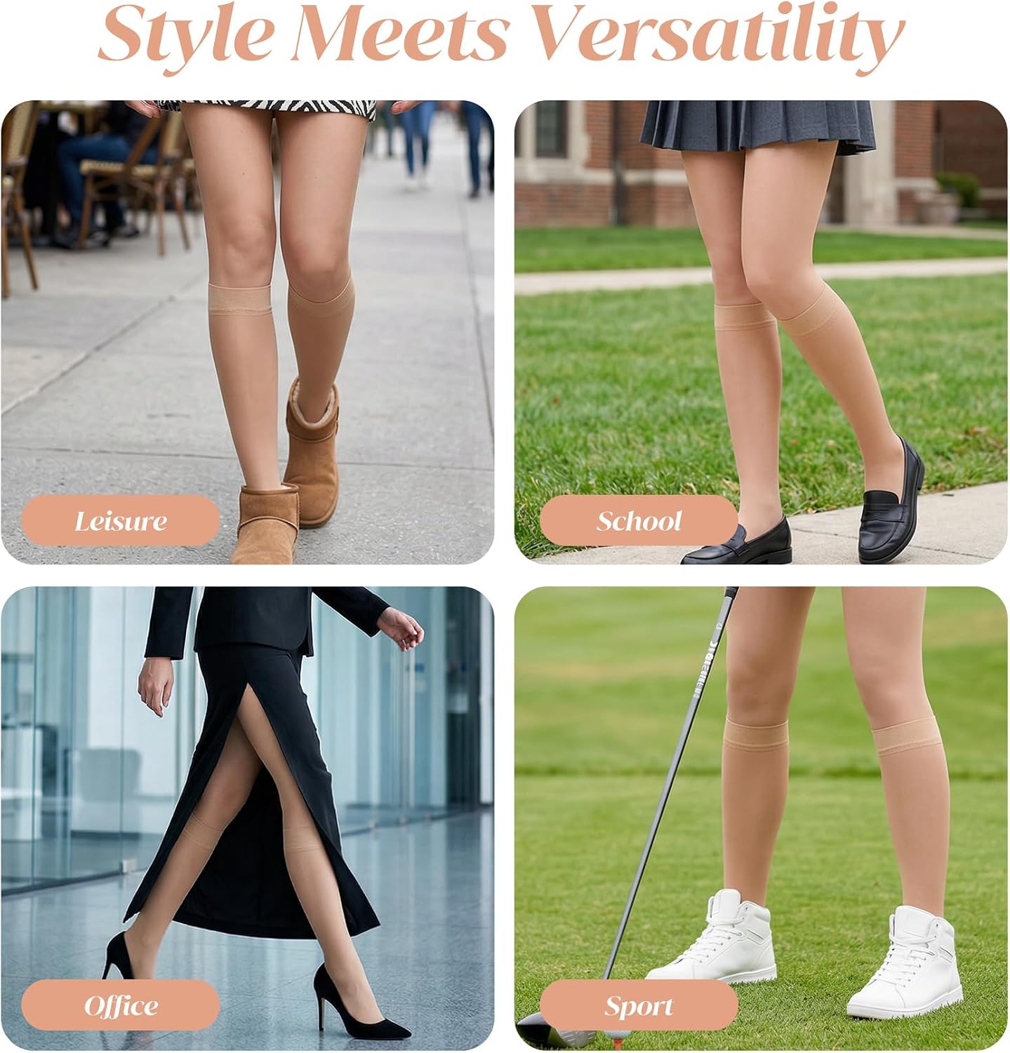 3 Pairs Knee High Stockings for Women, Nude Knee Highs Nylons for Women Sheer Nude Stocking Socks, Elastic Nylon Socks (17.3 x 3.1 Inches)