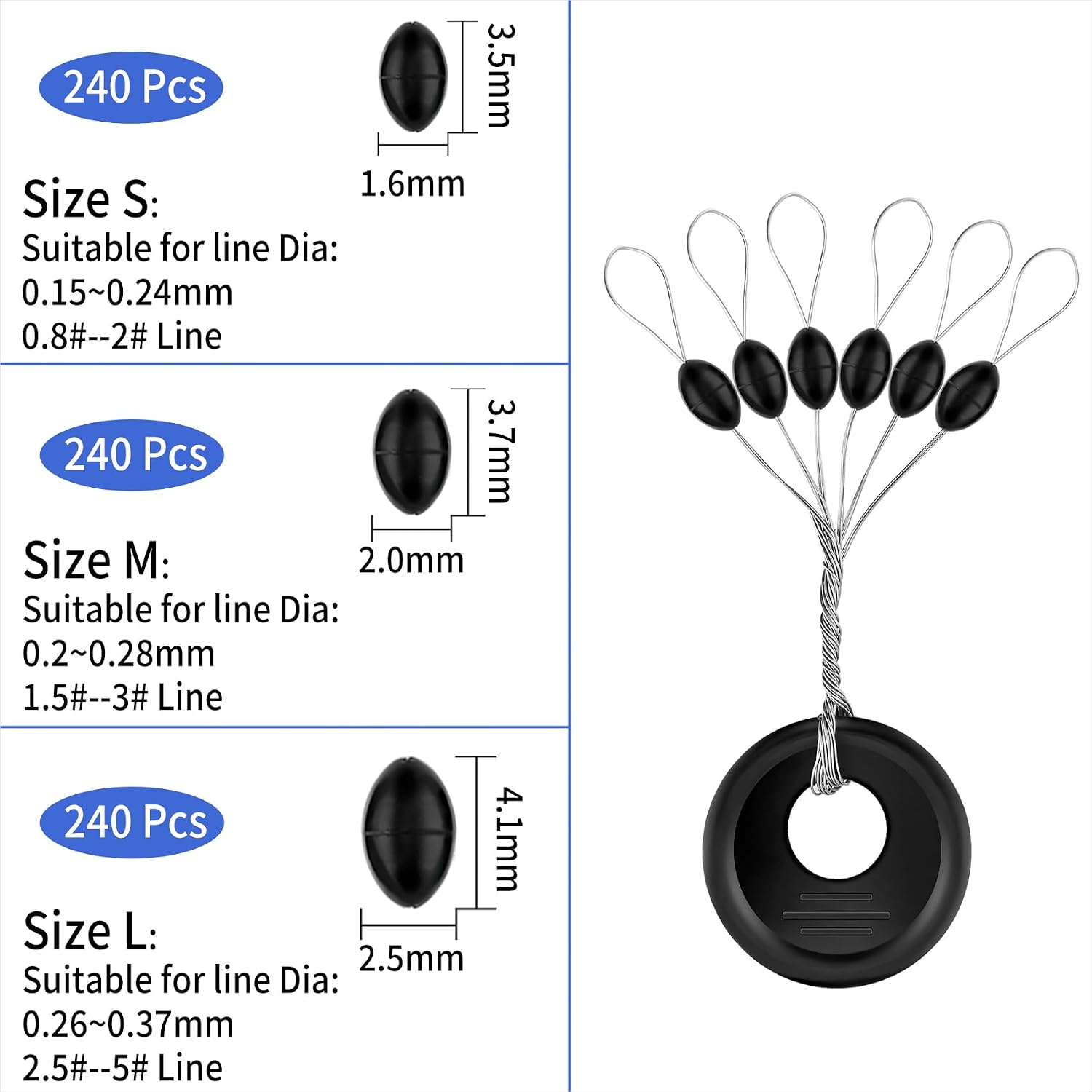 240 Pieces Middle-Sized Fishing Rubber Bobber Beads Stoppers 6 in 1 Black Float Sinker Stops