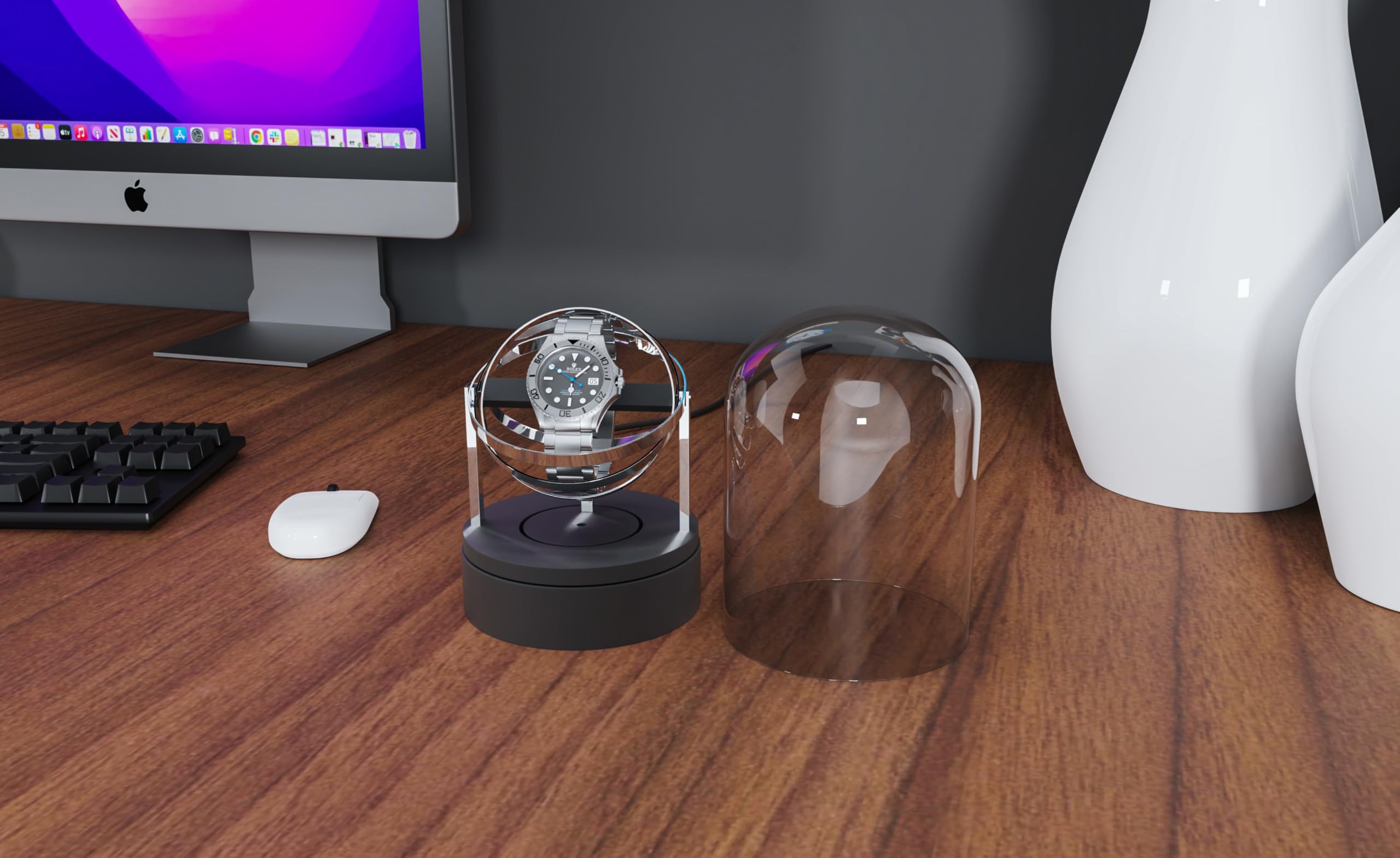 Elestoria Remontoir de montre Orbit - Remontoir de montre automatique avec couvercle en verre | Moteur silencieux, rotation gyroscope, boîte de remontoir mécanique de luxe, Argenté, Rétro