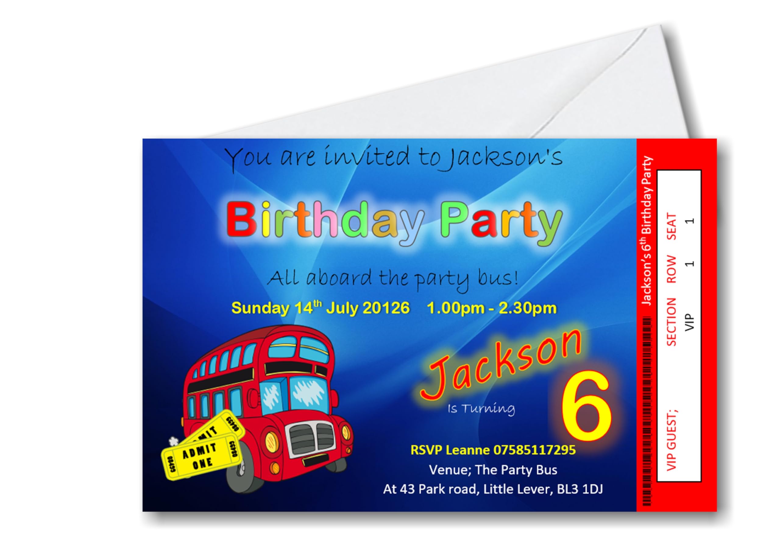 Bespoke Candy Delights Personalised Birthday Party Bus Invitations, Invites, Boys - Girls Complete with envelopes Ref B64, 1st 2nd 3rd 4th 5th 6th 7th 8th 9th 10th 11th (50)