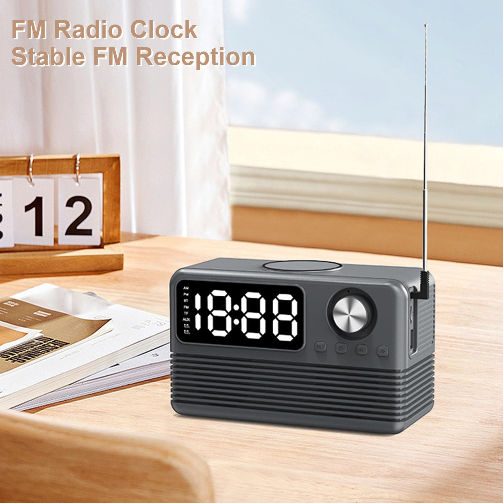 VBESTLIFE Cargador Inalámbrico Rápido de 15W con Altavoz Bluetooth y Radio de Reloj de Alarma, 4 en 1 Estación de Carga Inalámbrica para Teléfonos con Radio FM para Dormitorio (Grey)
