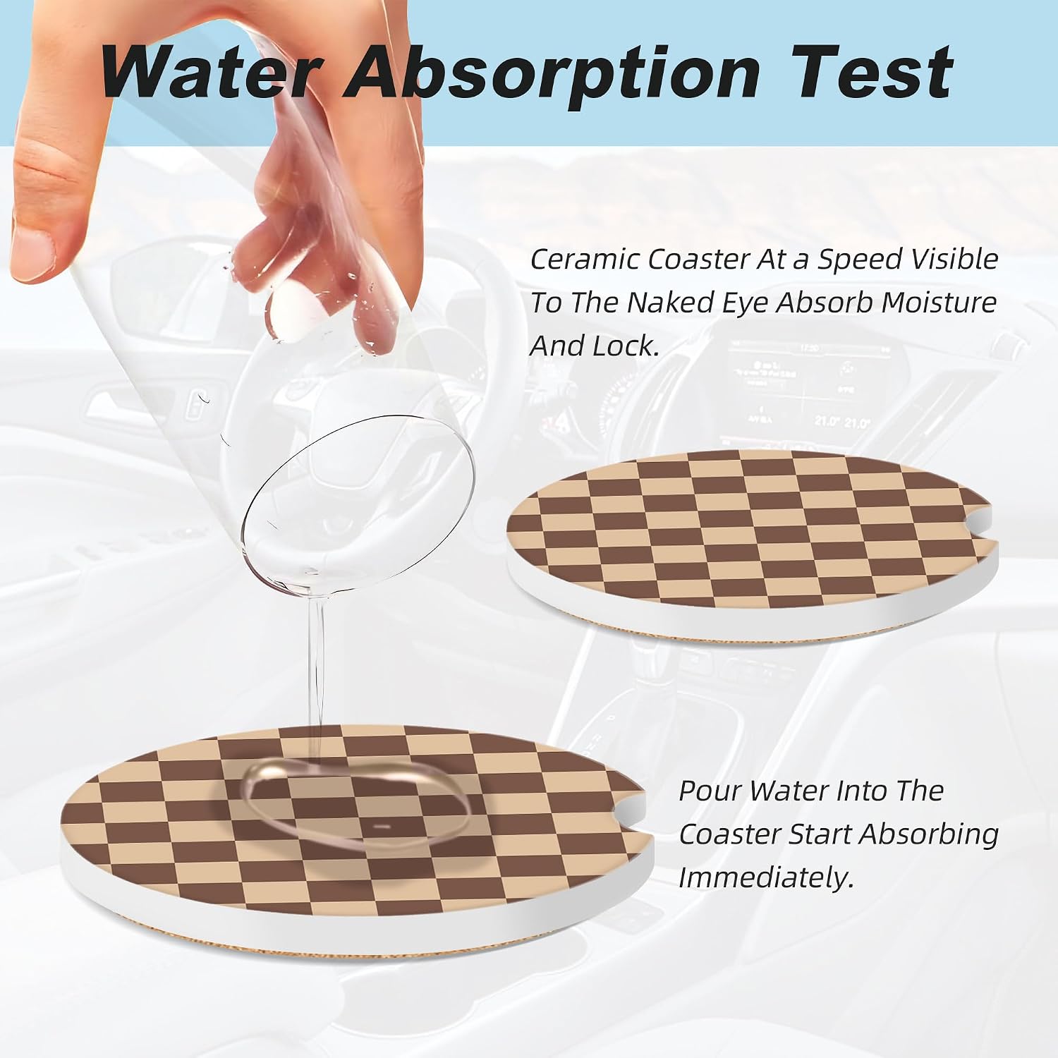 Brown Checkered Car Coasters for Cup Holders,2 Pack Car Cup Holder Coasters for Car,Ceramic Absorbent Car Coaster with A Finger Notch and Cork Base,Car Interior Accessories for Women Men