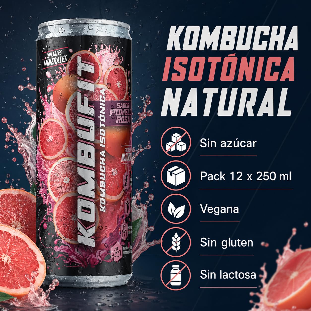 Kombucha Isótonica Natural Onflow, Té Kombucha, Sin Azúcar, Sabor Pomelo Rosa, Pack 12 Latas x 250 ML