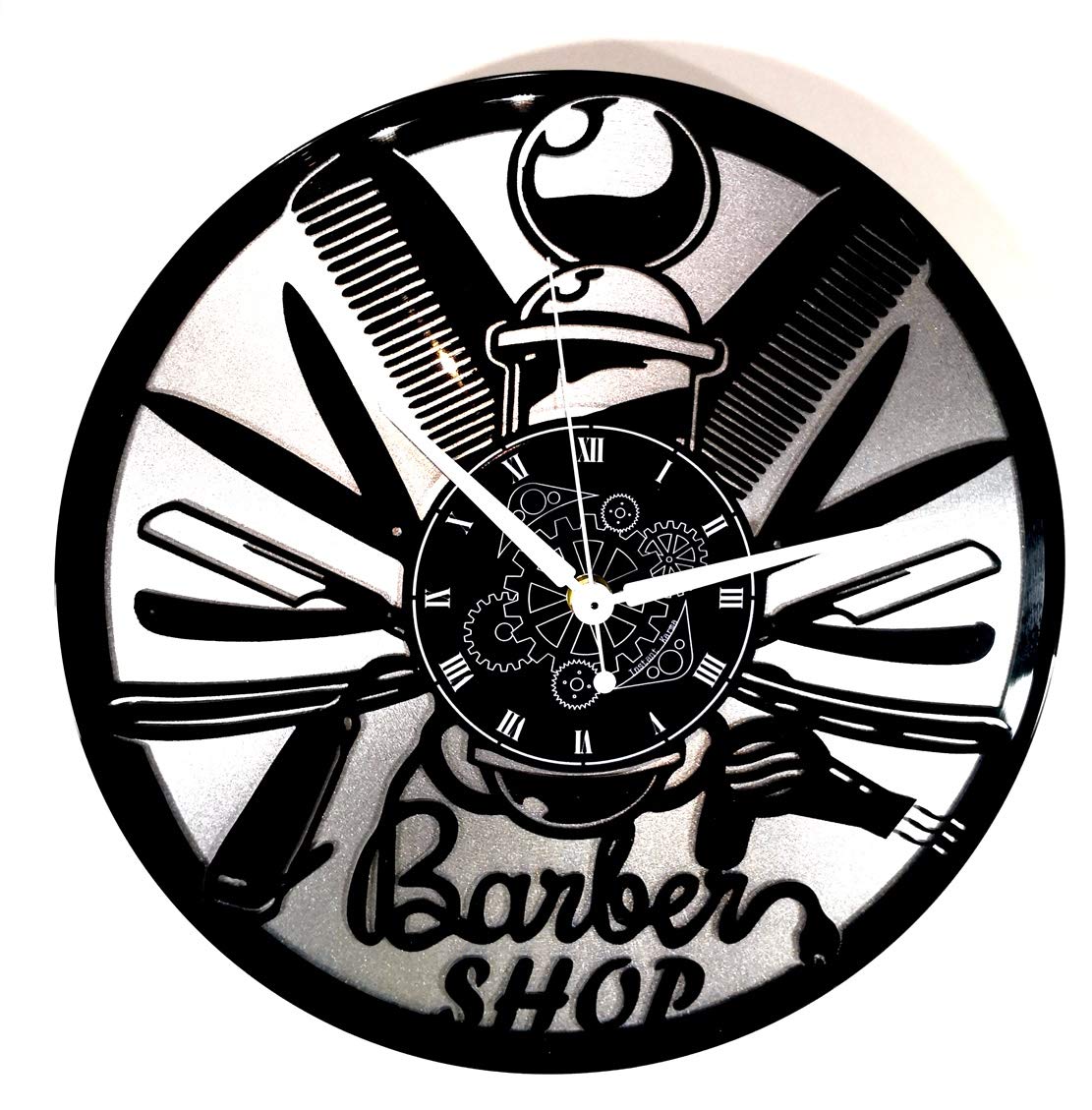 Horloge murale barbier en vinyle argent pour décorer un barber shop