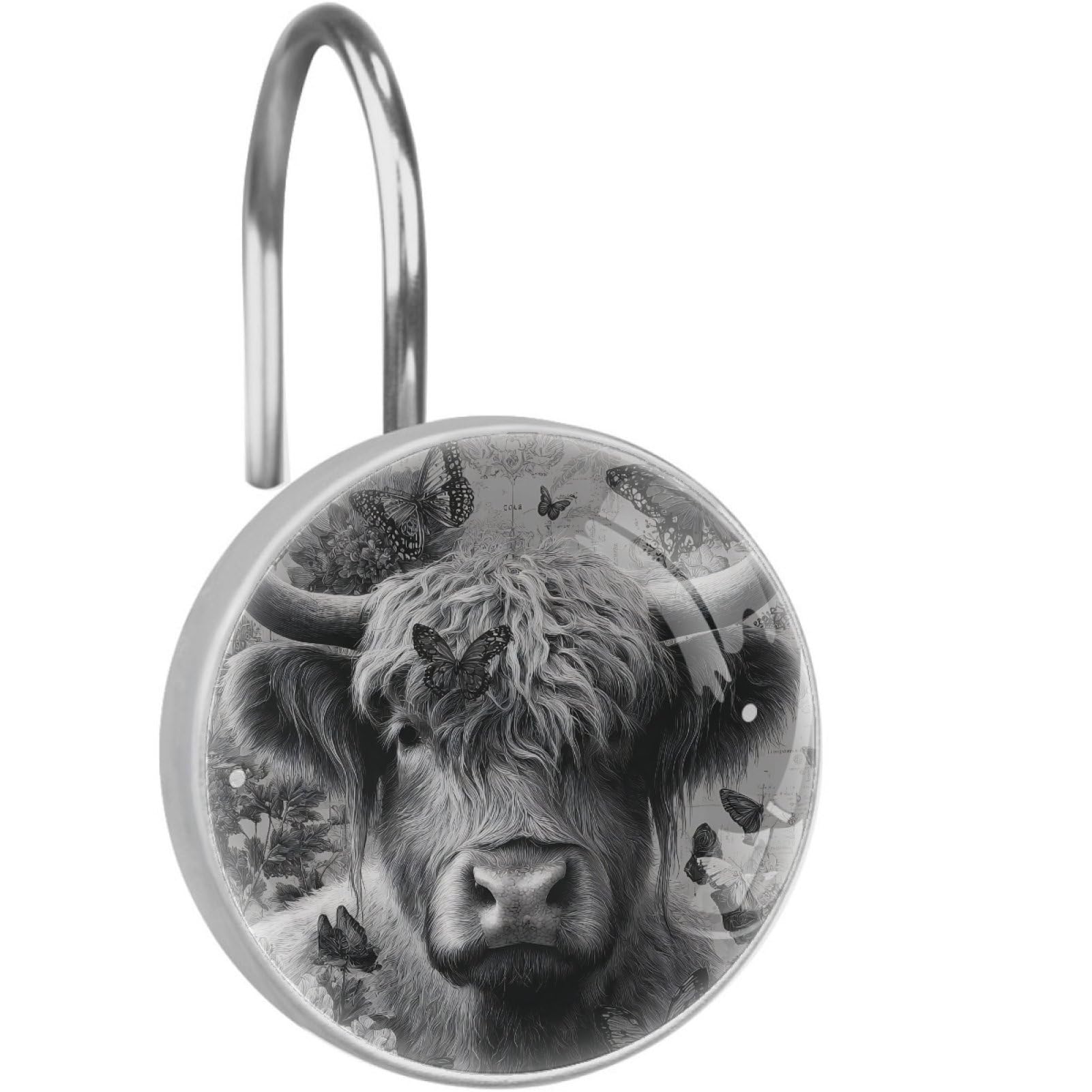 VAPOKF Decorative Shower Curtain Hook: Highland Cow butterfly Rustproof Stainless Steel Shower Curtain Ring for Bathroom - Shower Curtain Hook & Hangers - Set of 12