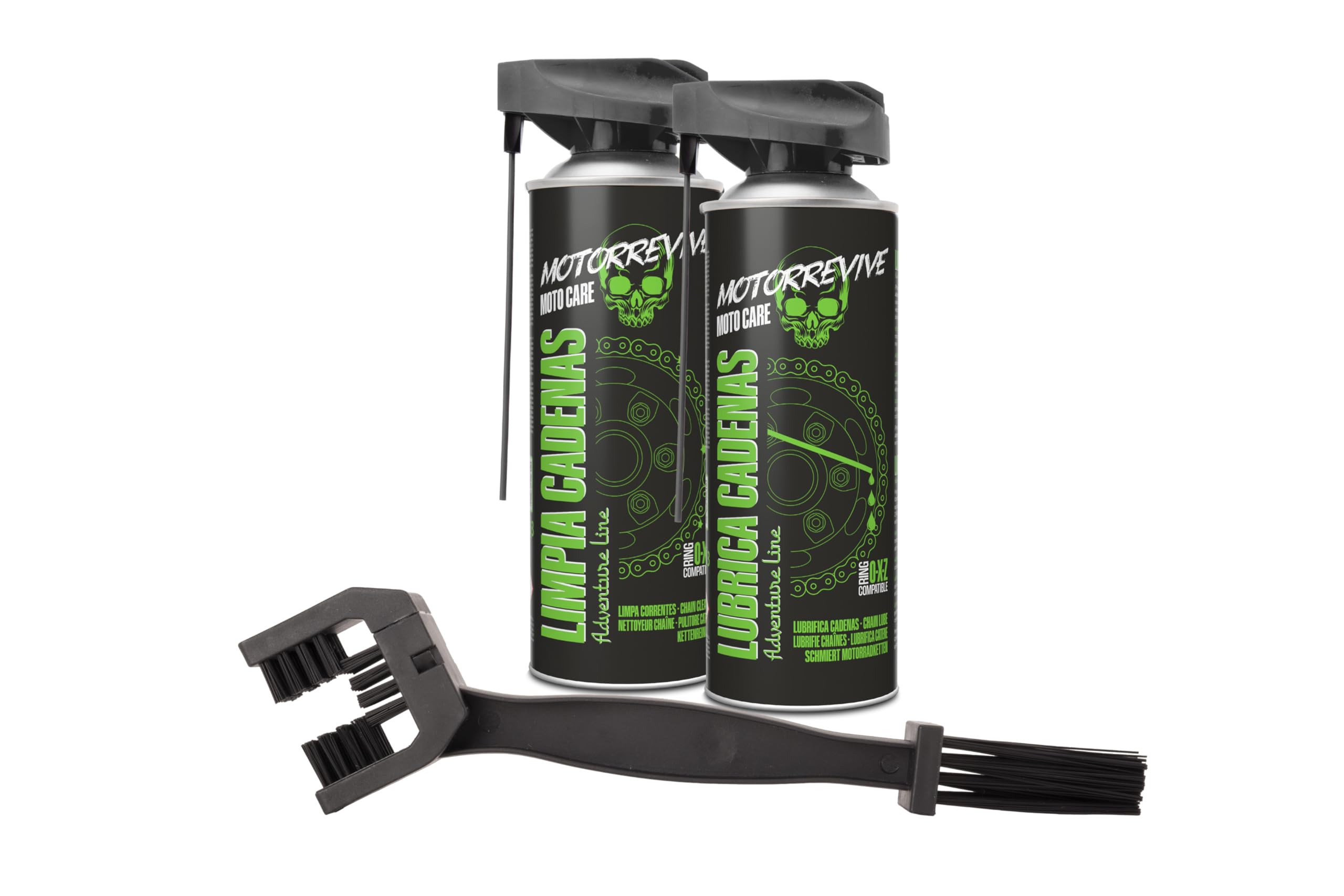 Pack Adventure Line con Limpiador, Lubricante y Cepillo para Cadenas de Moto Off-Road 380 + 380 ml | Mantenimiento Completo para Motocross, Enduro y Rutas Todo Terreno