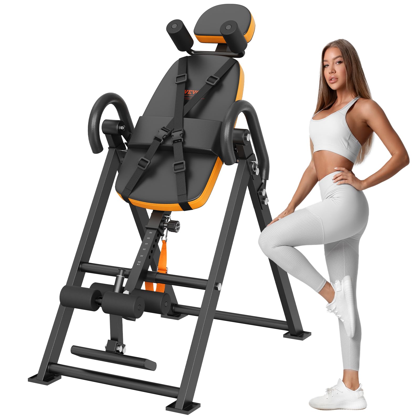 VEVOR Inversion Table, 300lbs Capacity Heavy Duty Inversion Table, Decompression Back Stretcher Machine, Strength Training Equipment with Headrest, Ankle Lock, Adjustable Protective Belt, Orange/Black