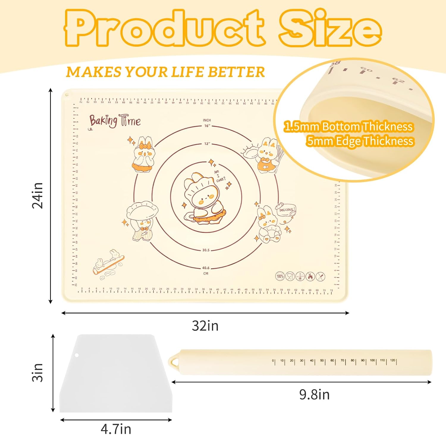 Silicone Baking Mat 32x24 Inch Extra Thick Silicon Pastry Mats for Rolling Out Dough Non-Stick Counter Silicone Mats for Baking Pastry Sourdough Cookie Bread Pizza Dough Mat with Measurements