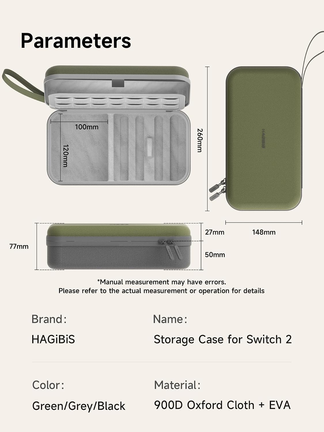 Hagibis Carrying Case for Switch 2, Large Portable Travel Storage Organizer, Pouch Protective Hard Shell Carry Bag Handbag with 14 Game Cartridges for NS Accessories, Joy-Con, Charger, Cable (Green)