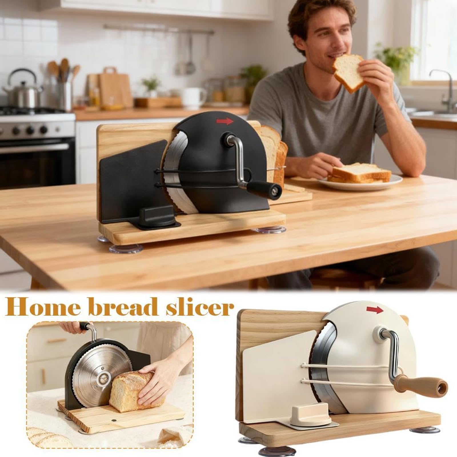 Affettatrice manuale per pane, regolabile, rotante, con guida in metallo, spessore 1-20 mm, lama affilata, in acciaio inox di alta qualità, per affettare pane fatto in casa