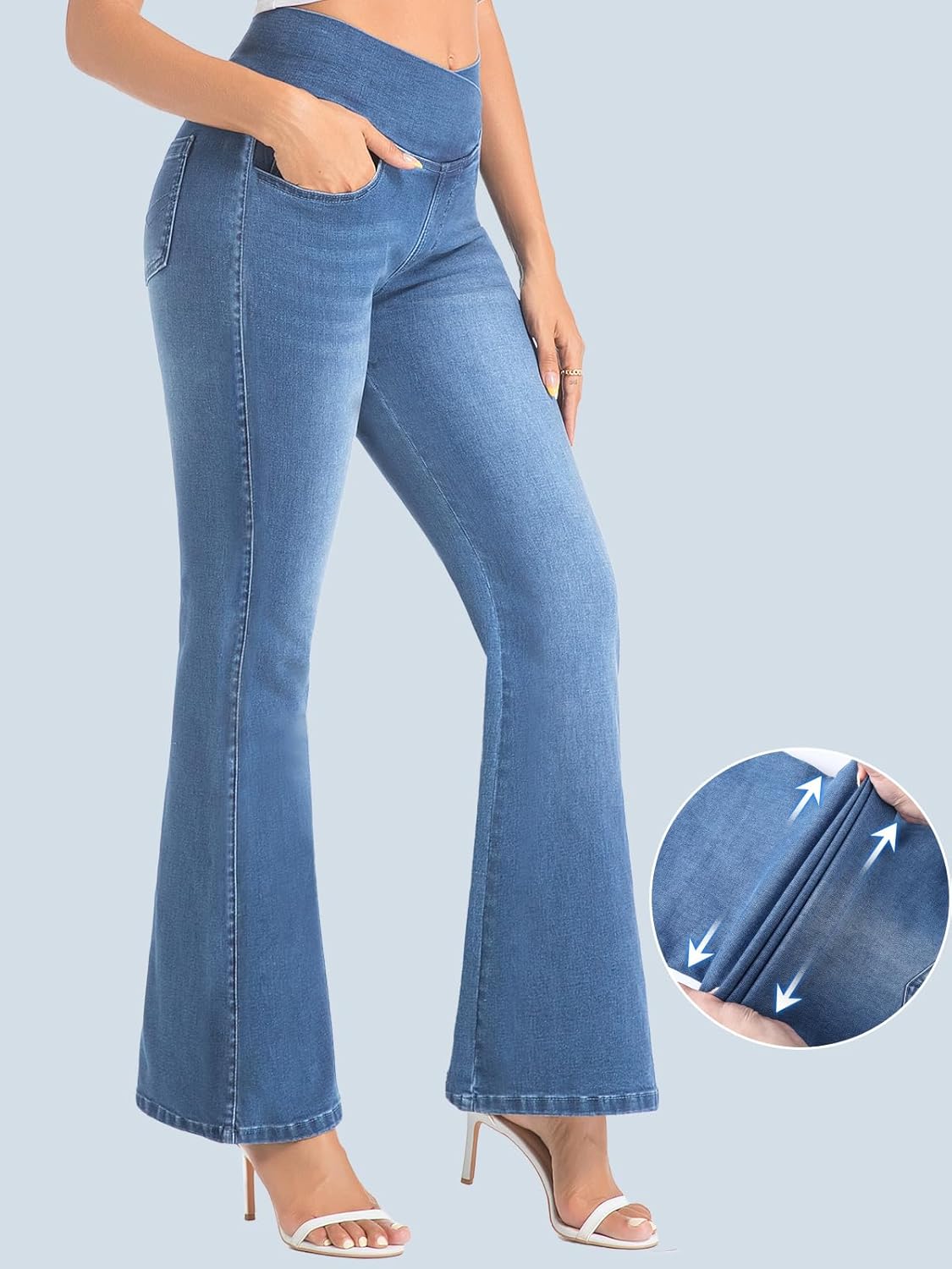 VX VONXURY Pull On Flare Jeans for Women, Stretchy High Waisted Bootcut Jeans Crossover Bell Bottom Denim Pants - Image 3