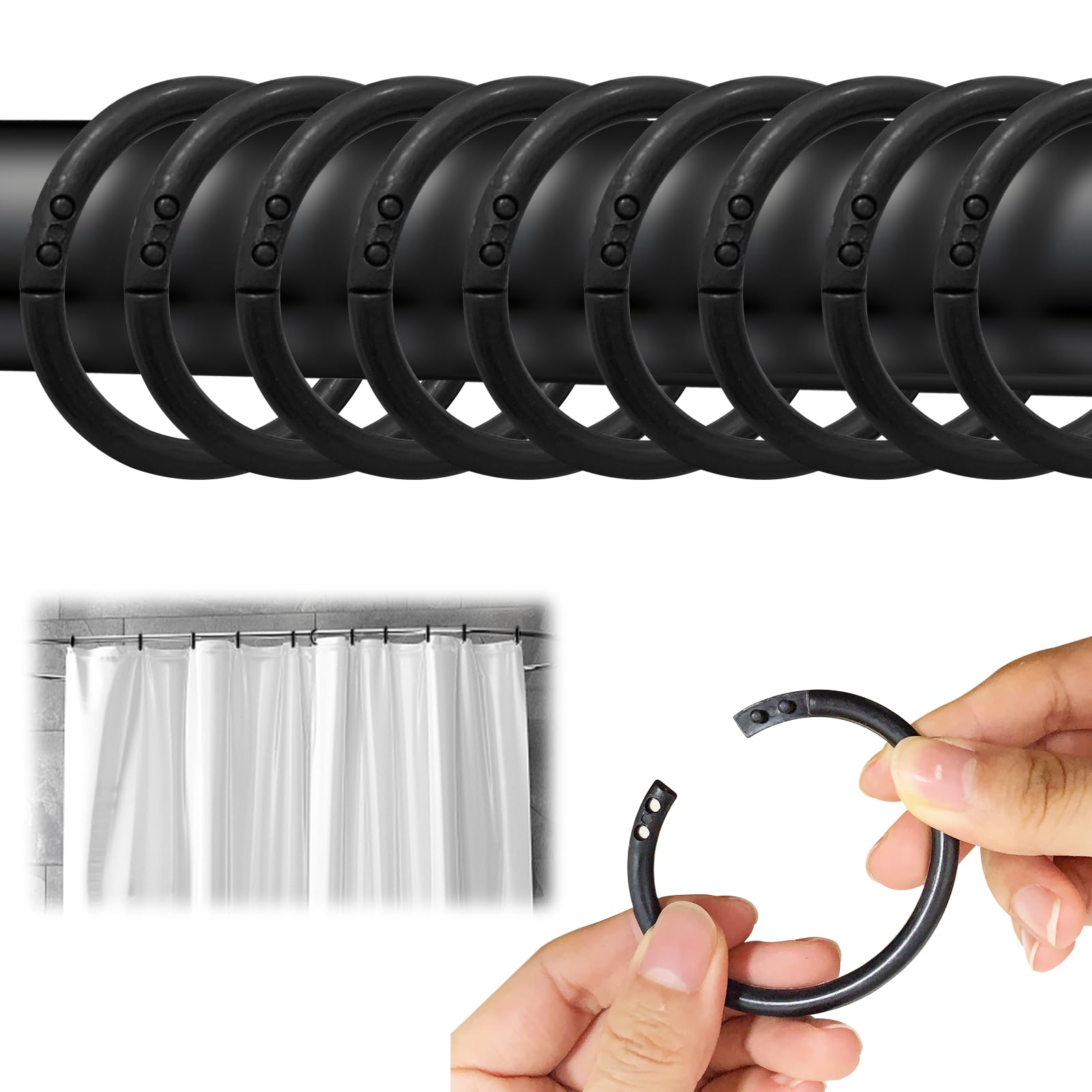 Rideaux Douche Plastique Lot De 45 Anneaux Rideau Douche En C - Plastique Noir - Universel Tringle 2-4cm - Remplacement Pratique Crochets Plastique Noir