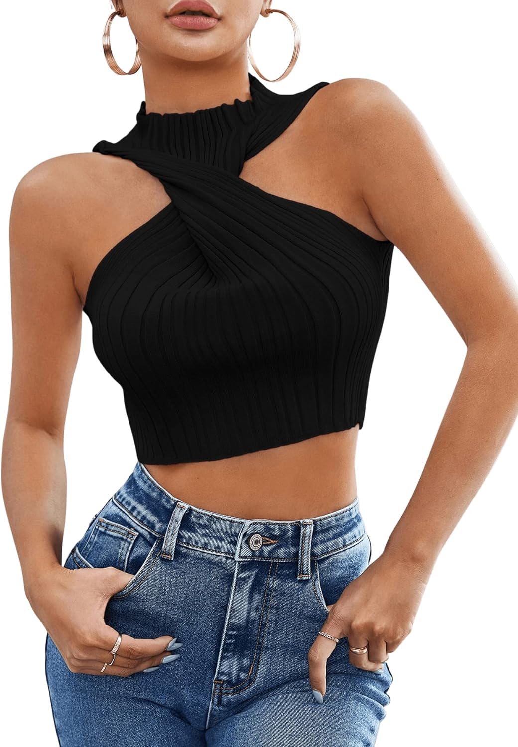 SweatyRocks Women's Twist Front Crop Top - Ribbed Knit Sleeveless Tank Shirt