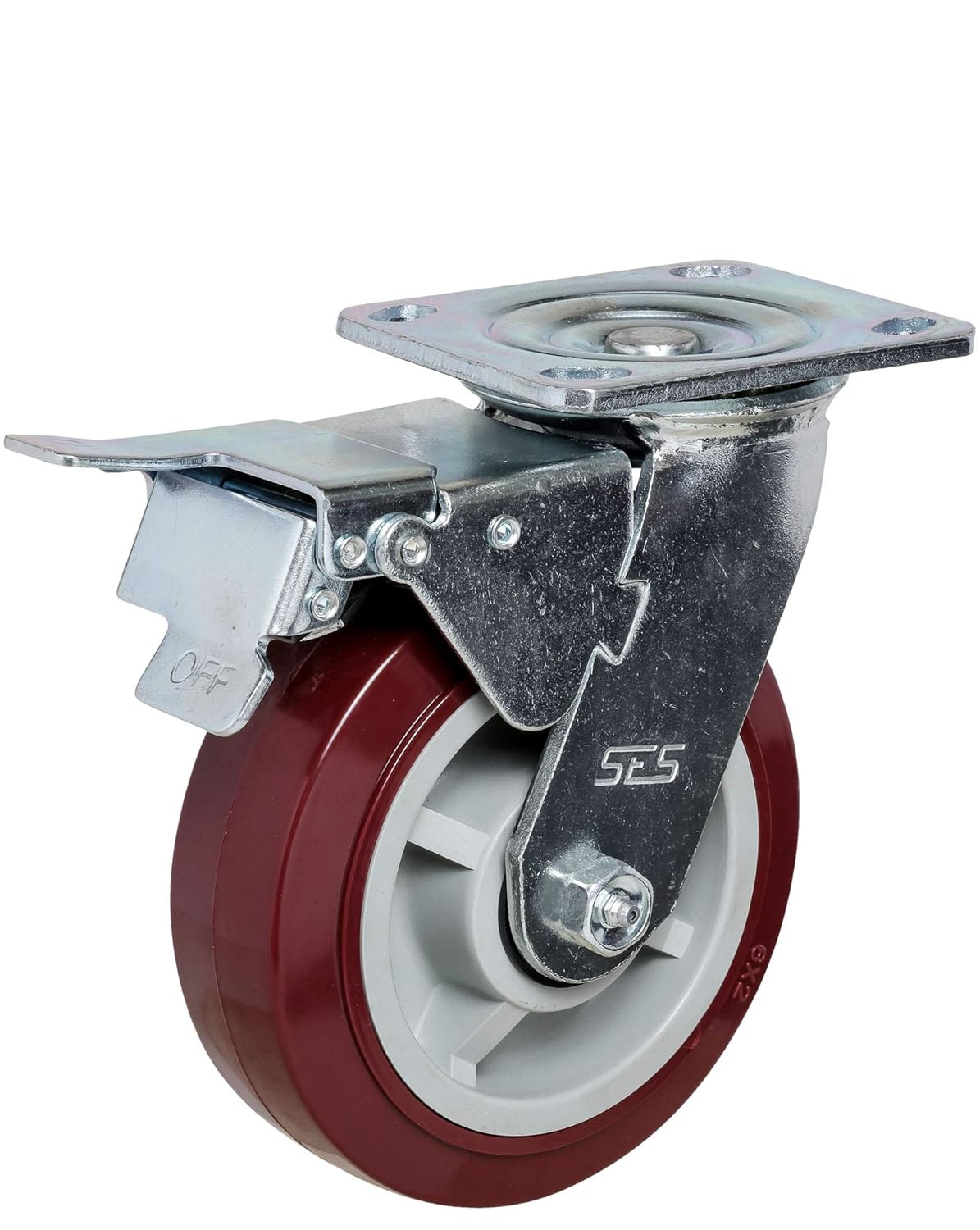 6x2 Swivel Caster with Polyurethane Wheel | Total Lock Brake and 4x4-1/2 Mounting Plate