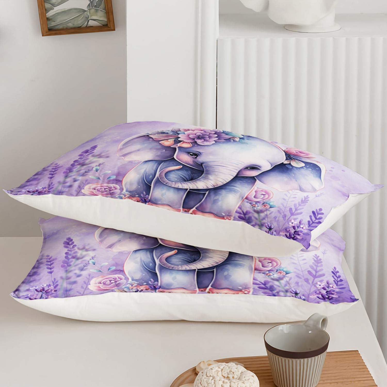 AILONEN Cute Elephant Kawaii Kids Duvet Cover Set King Size for Girls,Lavender Purple Flower Elephant Comforter Cover Set,Lovely Animal Soft Duvet Cover with 2 Pillowcases,3 Pieces
