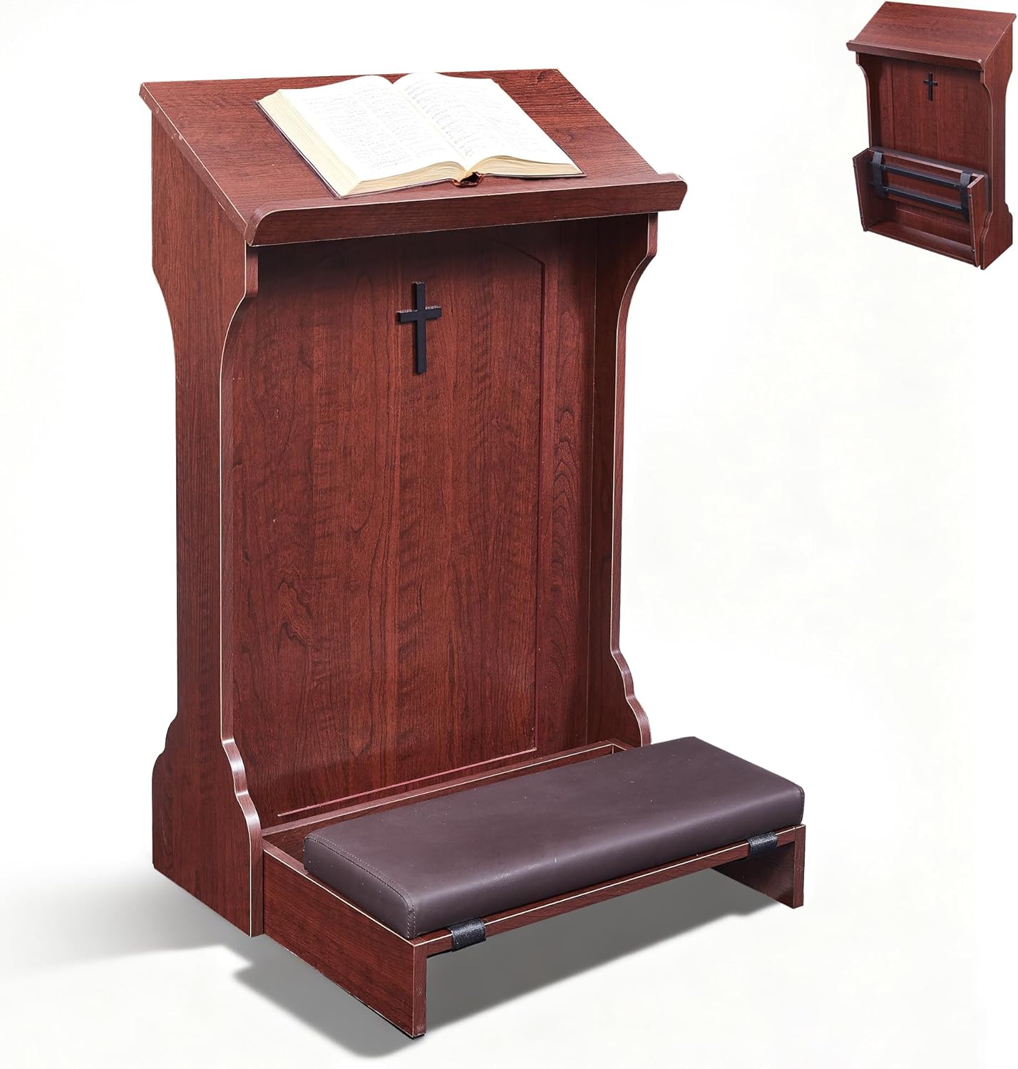 Wooden Prayer Kneeler,Foldable Prayer Bench with Cushion Pad, Rounded Corner Bookend, Customizable Cross Decoration, Reinforced Steel Tube Base Design