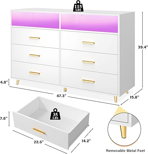 Miniatura 10 de EnHomee Cómoda para dormitorio, cómoda blanca con LED, cómoda alta con 5 cajones de madera, cómoda blanca para dormitorio, aparadores de dormitorio