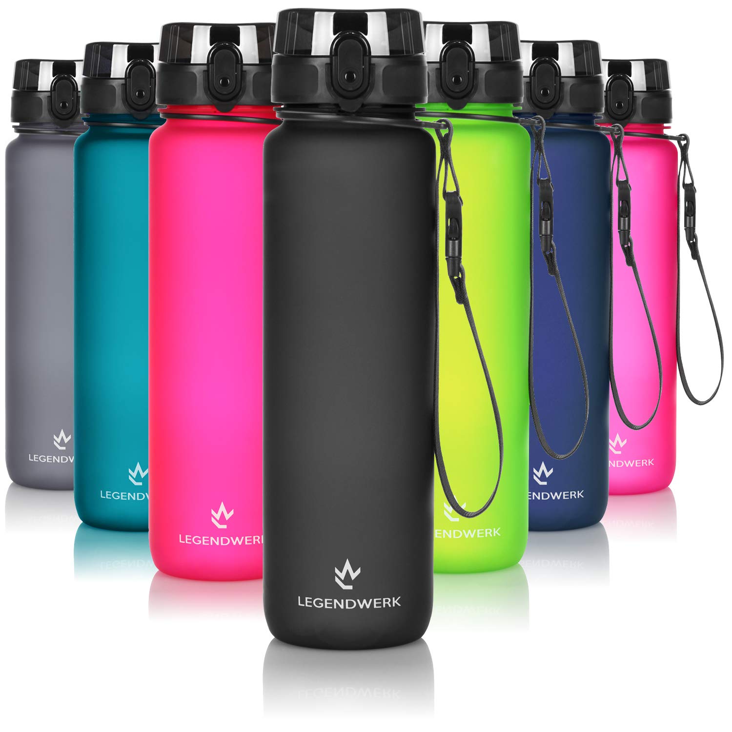 Legendwerk® 1L LegendBottle + Fruit Strainer - BPA-free made from Tritan, Water Bottle for Sport, Fitness, Cycling, University, Hiking, Jogging, Camping - Light, Sustainable (black)