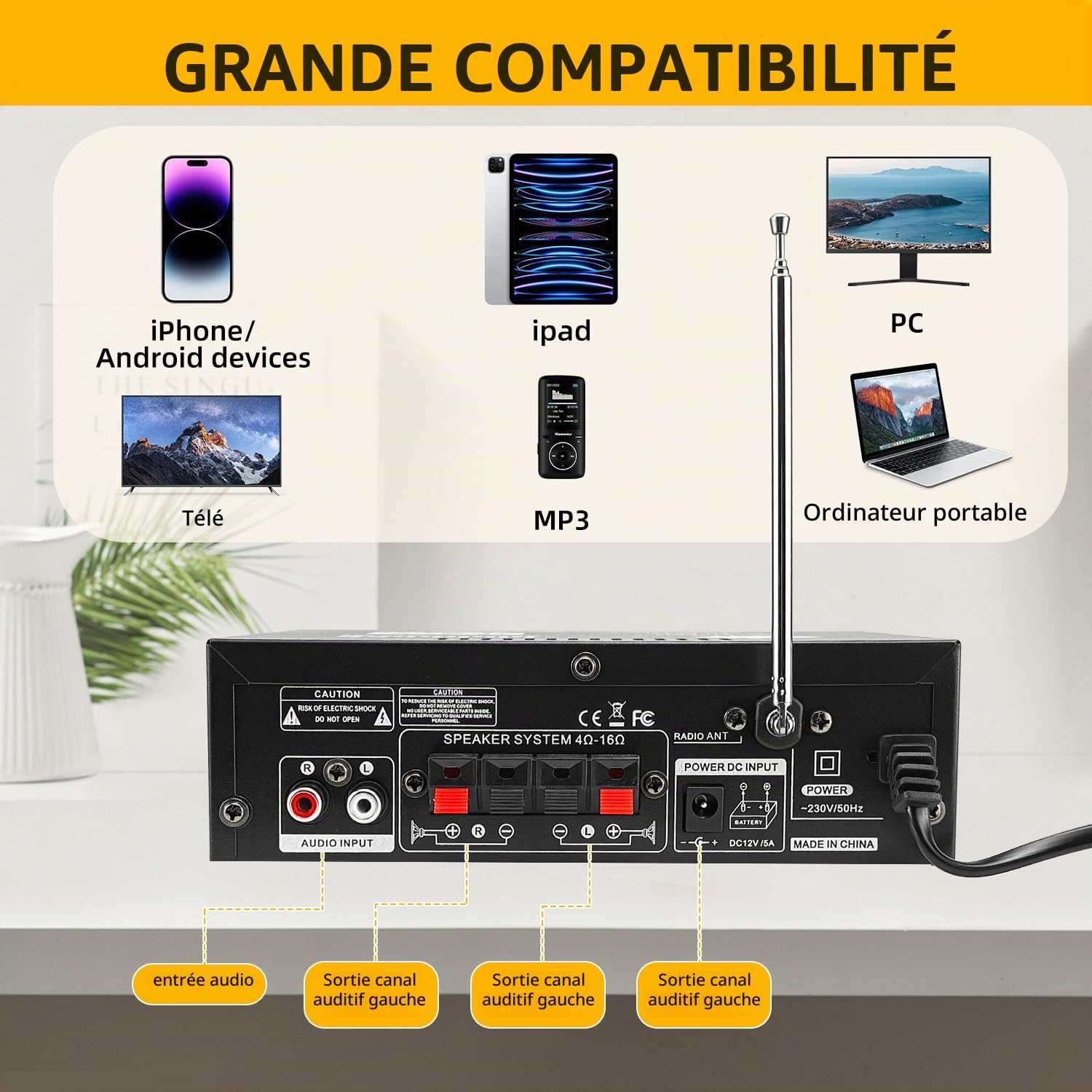 Amplificateur de puissance Bluetooth 5.0, 300 W + 300 W | Stereo Hi-Fi Digital Amp 2.0 Channel avec entrée USB/Bluetooth/FM, Mini Récepteur audio 12V / 220V pour Voiture et Maison