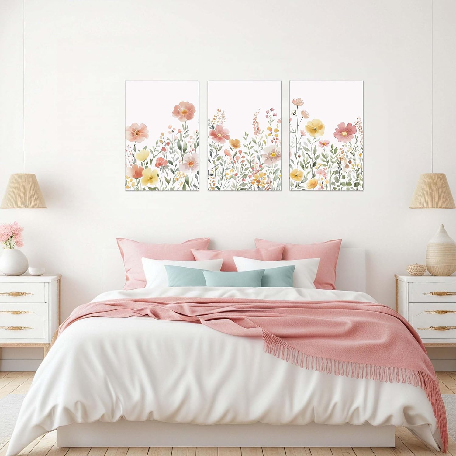Colorful Wildflower Canvas Wall Art Set of 3 Framed - Pink Floral Watercolor Prints, Modern Minimalist Flower Painting Girls Botanical Nursery Decor for Living Room Bedroom Bathroom, 16x24 Inch