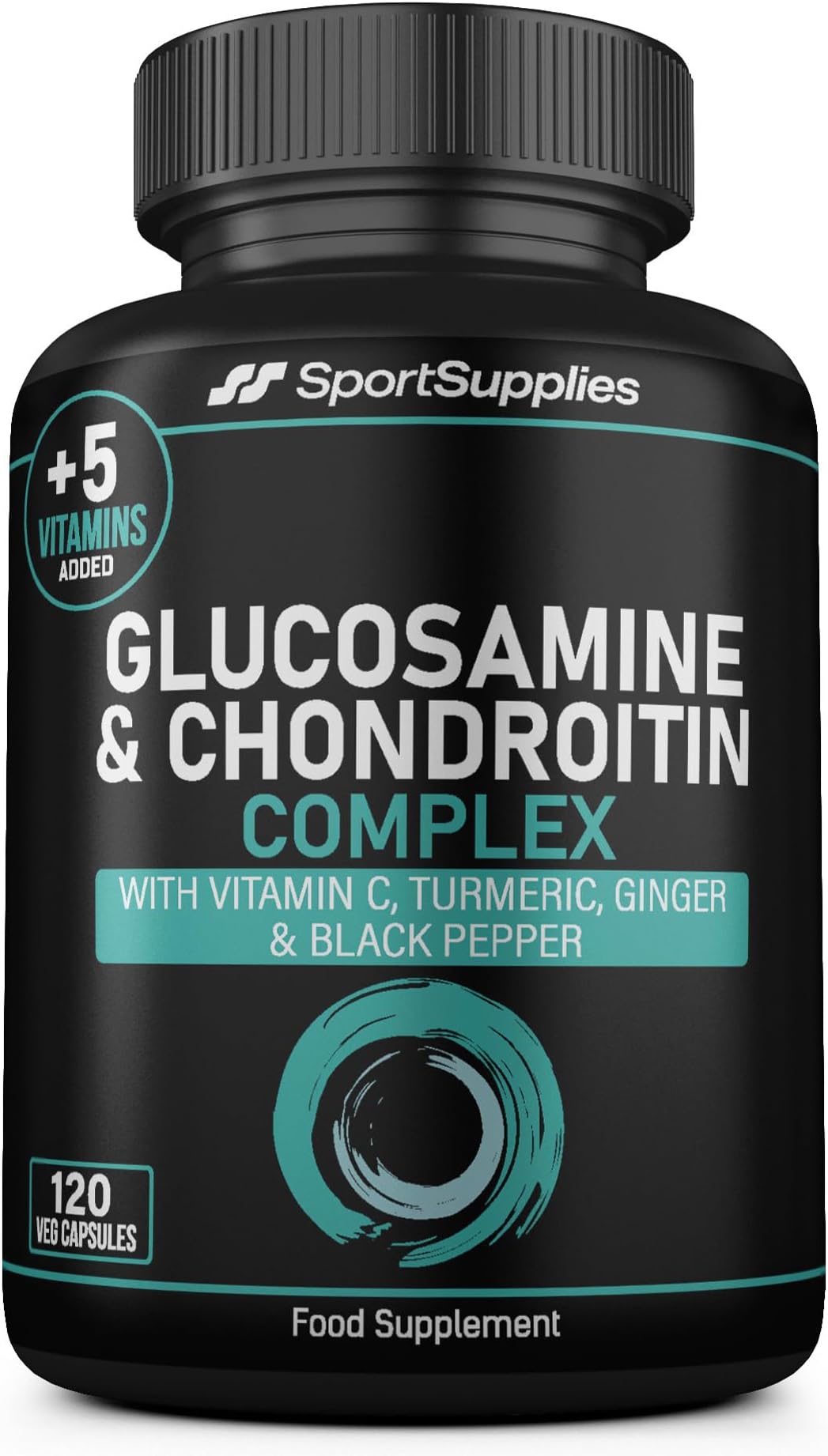 Glucosamine and Chondroitin High Strength Plus 5 Vitamins - 120 Complex Capsules 1,000mg (Providing 530mg Base) - Chondroitin 200mg - Added Turmeric, Ginger, Black Pepper, Vitamin C, B6, B1, D3 & B12