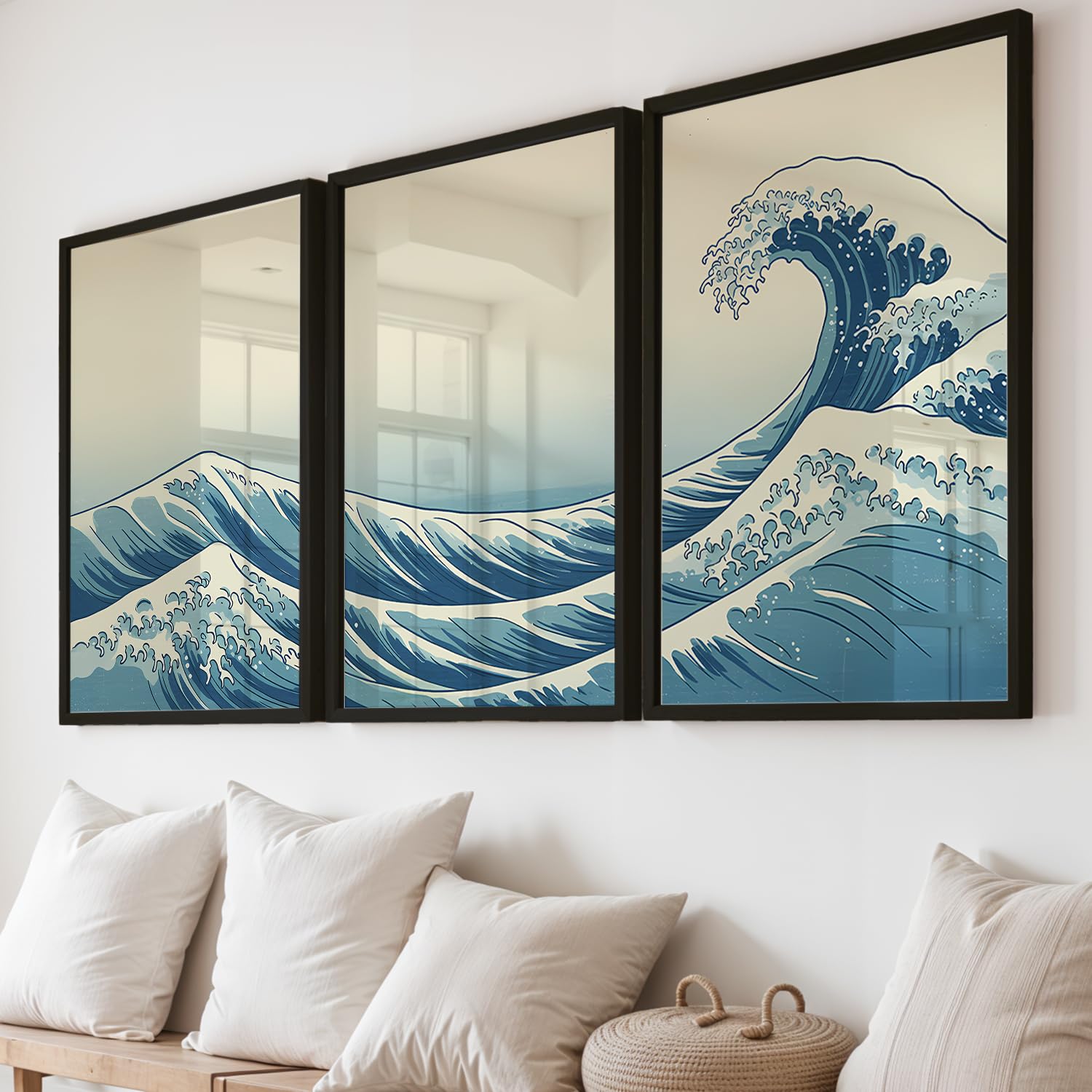 NoWorries Ocean Wave Wall Art Framed Painting | Japanese Great Wave Inspired Coastal Artwork Prints with Frame | Minimalist Blue Sea Landscape Wall Decor Frames for Living Room, Bedroom, Bathroom and Beach House | Ready to Hang (Art-6, 13x19inch, Wooden)-image-32