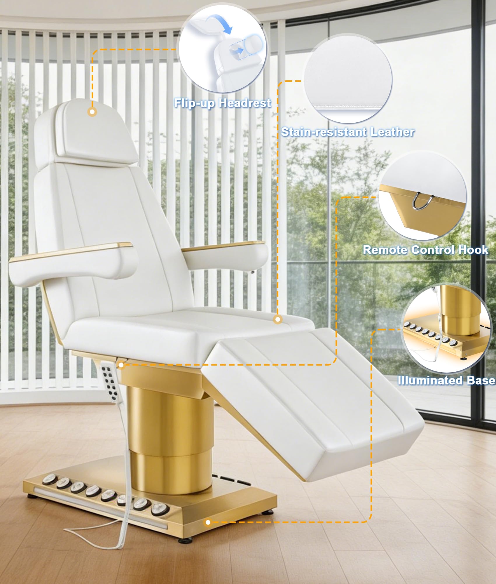 Elektrische Kosmetikliege mit 4Motoren, 35℃ Konstantheizung & LED, Höhenverstellung 4in1 via Fußsteuerung & Fernbedienung, 200KG Therapieliege Massageliege Tattooliege für SPA & Heimgebrauch (Weiß)