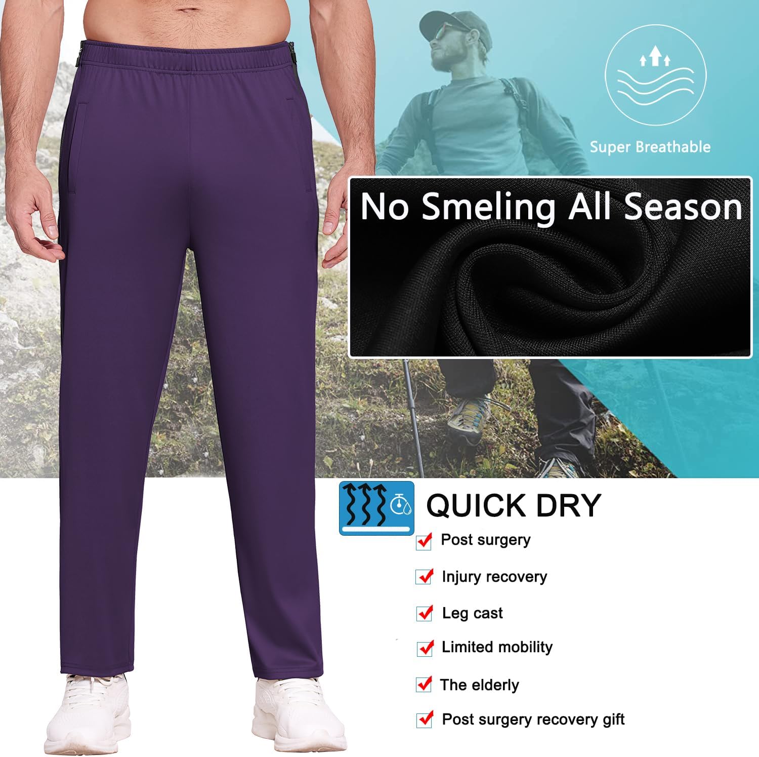 Deyeek Mens Tear Away Basketball Pants 2 Side Zippers Snap Off Full Open Down Sweatpants Leg Post Surgery Pant with Pockets - Image 3