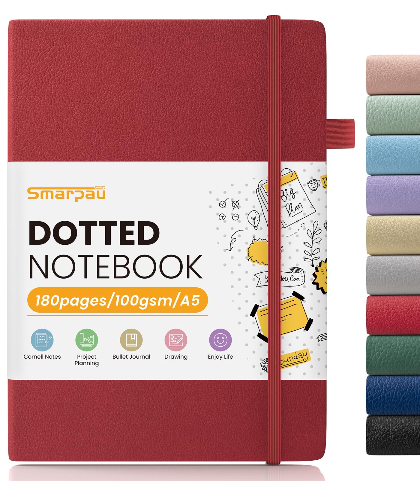 Smarpau Bullet Dotted Journal A5, 180 Pages Hardback Dot Grid Notebook with 100gsm Paper for Writing, Journal Notepad for Office School Travel Supplies, Red