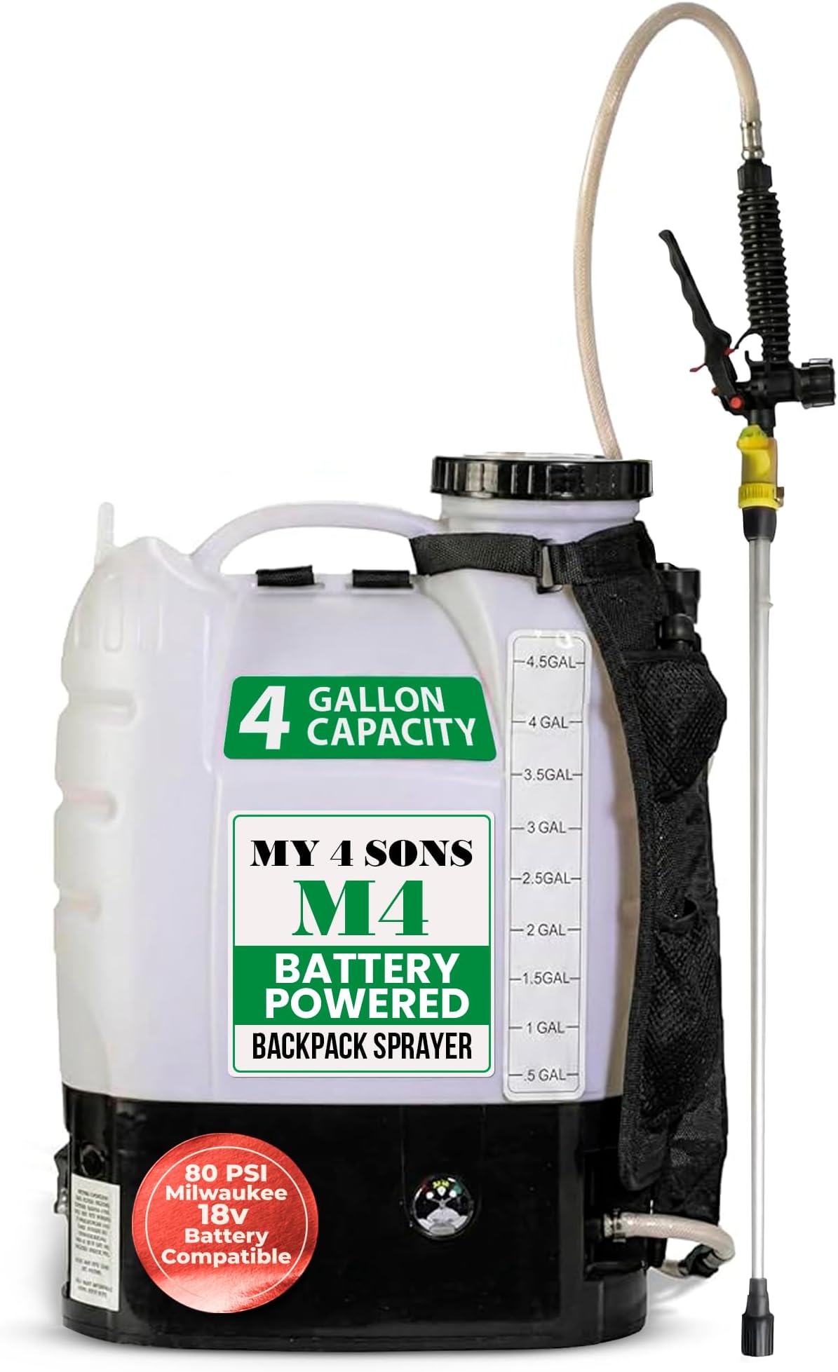 MY4SONS M4 Battery Powered Backpack Sprayer - Electric Sprayer for Lawn, Garden, Yard, Plants, Watering, Portable Pump, Long Range, Milwaukee 18V Compatible, 4-Gallon, Battery Not Included