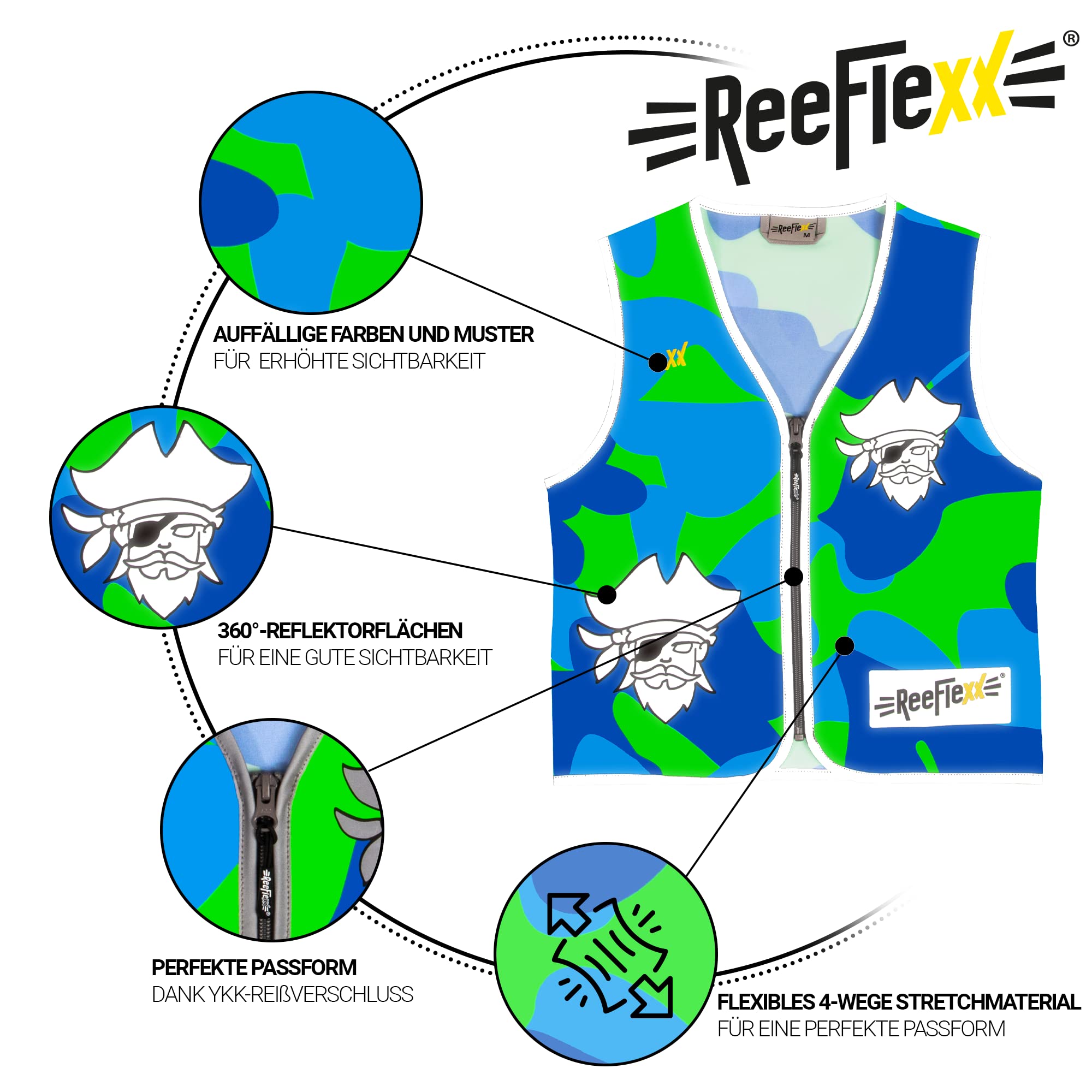REEFLEXX Coole Kinder Warnweste inkl. Größen-Adapter, reflektierende Weste, erhöhte Sichtbarkeit im Straßenverkehr durch Reflektoren, Farben und Muster - Größe S, M und L