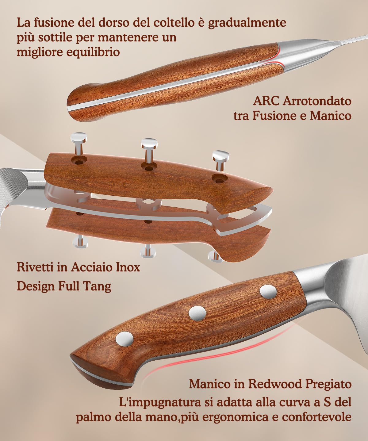 Coltelli da Chef HEZHEN 21cm Acciaio German DIN1.4116 Full Tang Manico Redwood