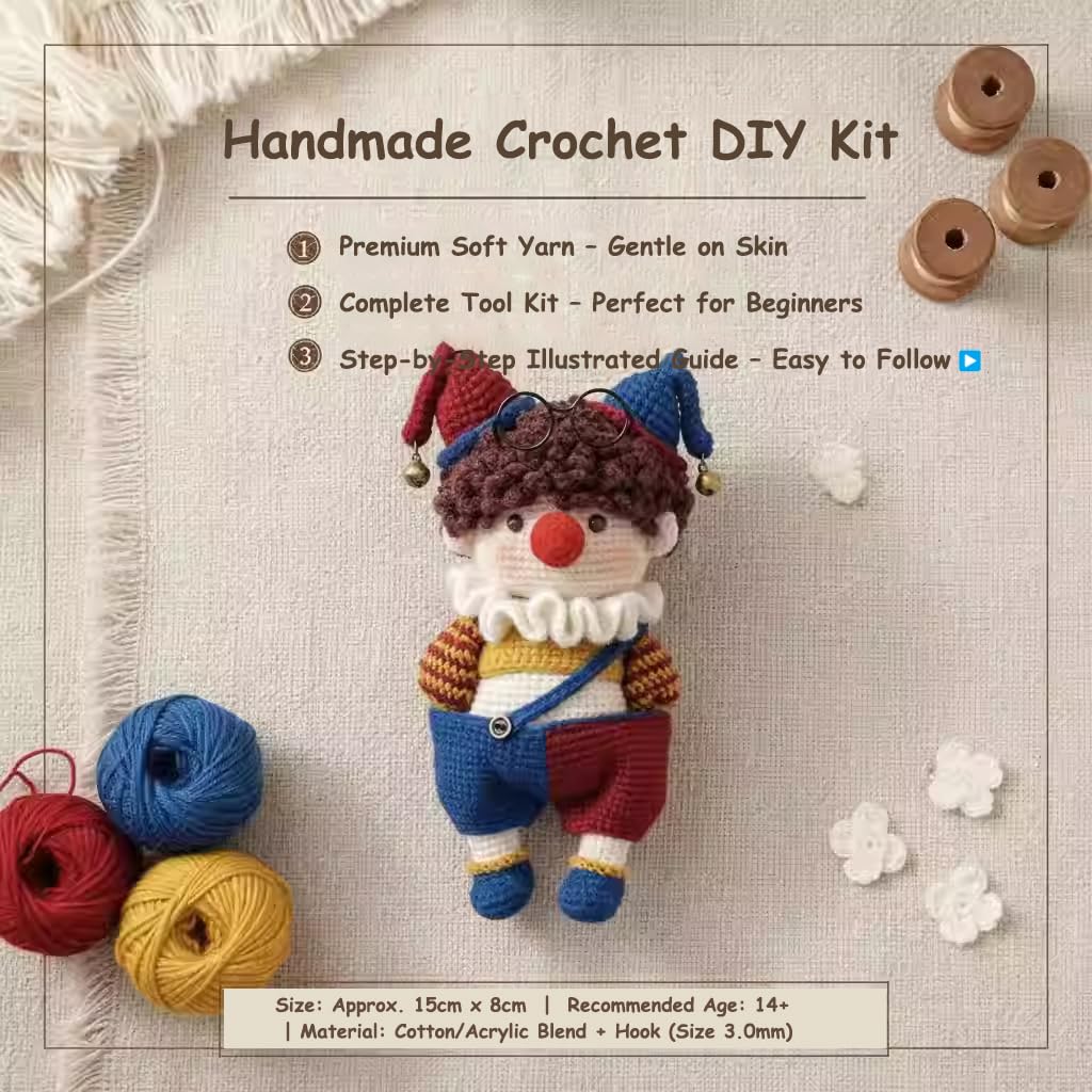 Genérico Adorably Ugly Clown Crochet Kit - DIY Amigurumi Craft Set with Yarn, Hook, Pattern & Video Tutorial - Perfect Beginner-Friendly Gift for Kids & Adults (3 Sets of Tools with Tutorial)