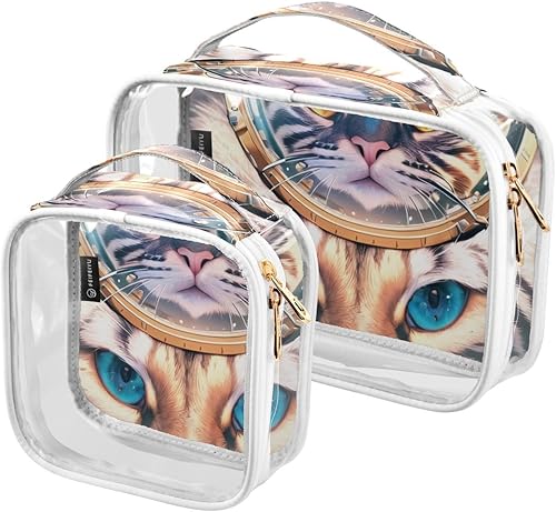 Cat Astronaunt Clear Toiletry Bag for Traveling,2 Pack Makeup Cosmetic Bag with Zipper,Travel Bag for Toiletries,Travel Essentials 21214358