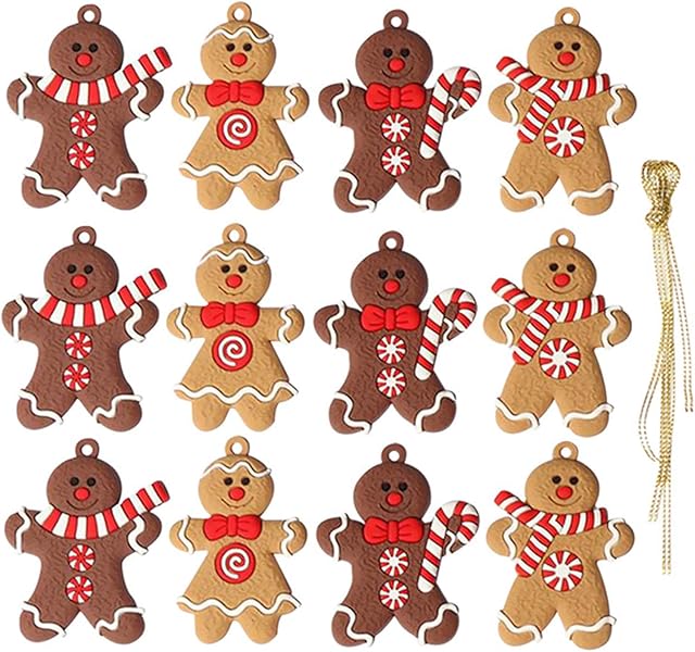 Gingerbread Christmas Tree Decorations, 12 Pieces Traditional Ginger Man Clay Figurine Xmas Tree Hanging Ornaments Pendants with Strings