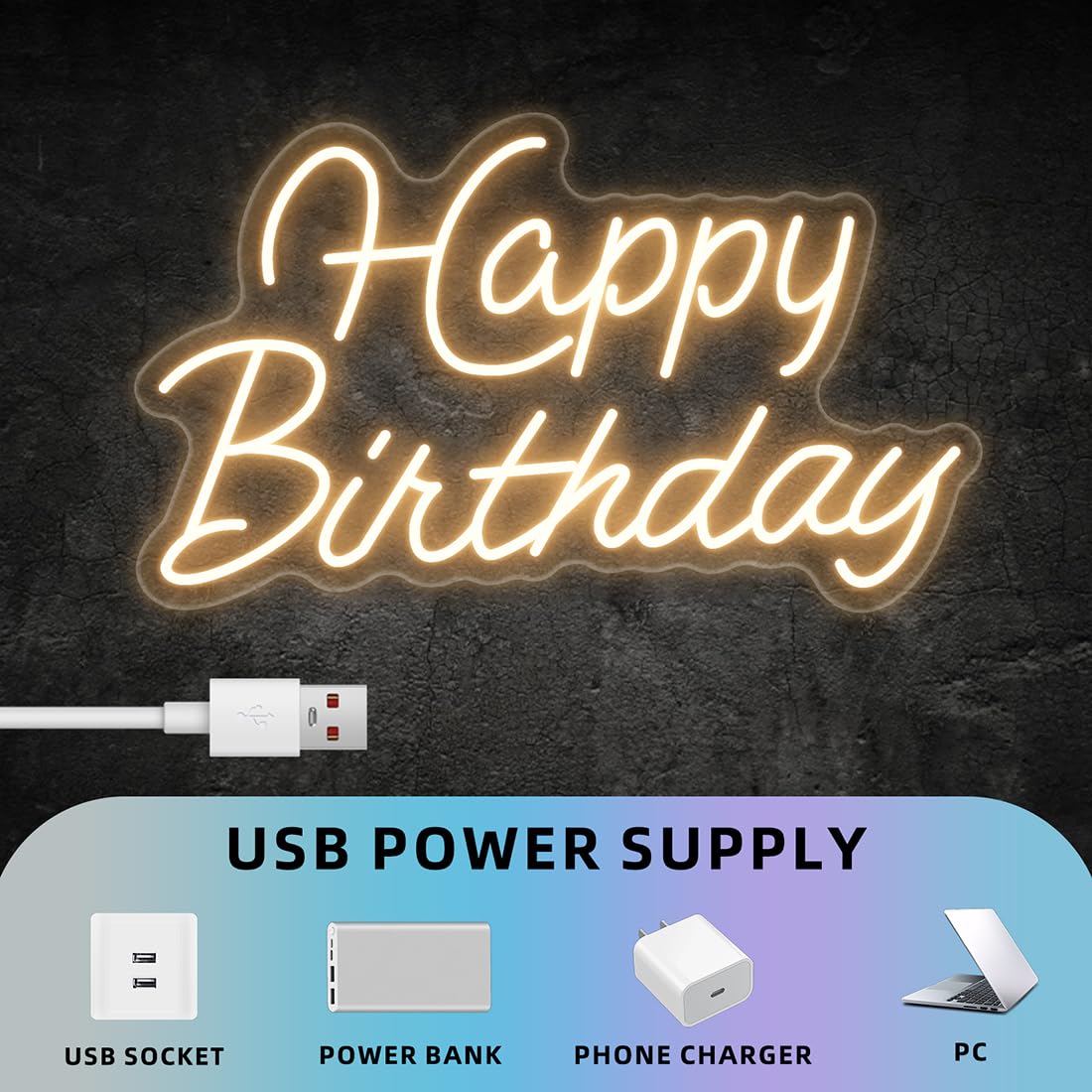 Neon "Happy Birthday" do dekoracji ścian, neonowy znak świetlny LED Happy Birthday, zasilany przez USB, ściemniany znak świetlny na przyjęcie urodzinowe, dekoracja, ciepła biel, 42 x 25 cm