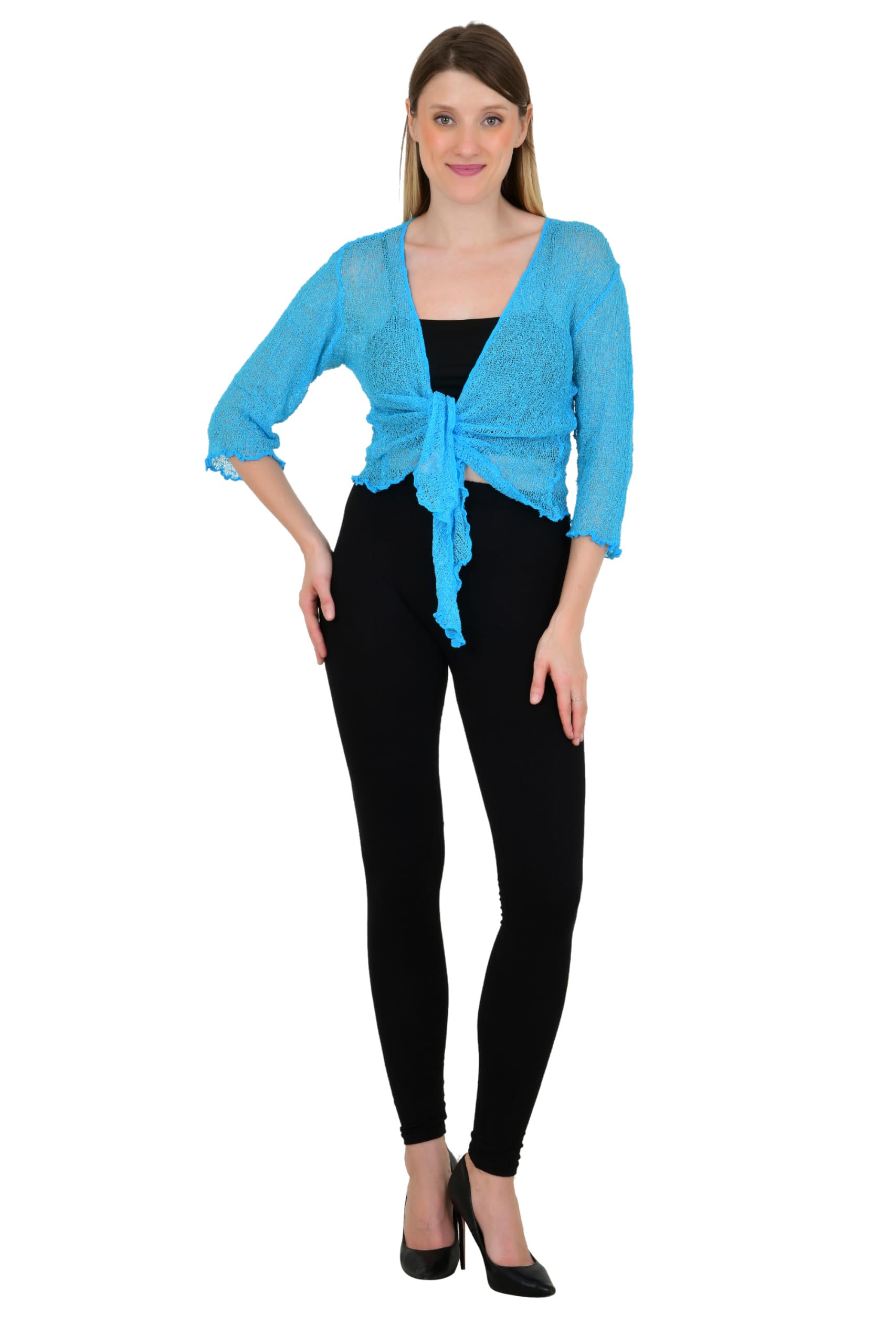 Indonesia Imported Women’s Summer Shrug Cardigan Blouse Top Sheer Crochet Knit 3/4 Sleeve Tie-Front Beach Turquoise-picture-34