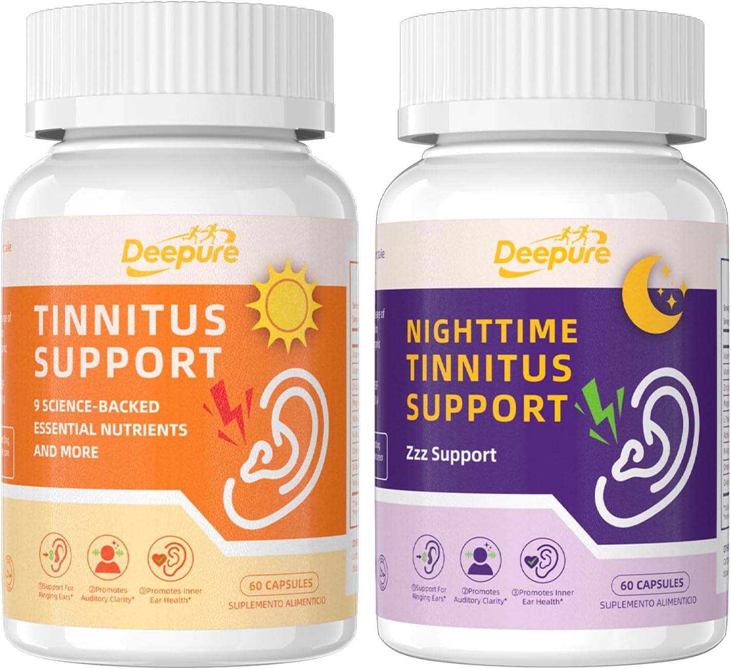 Deepure Tinnitus Auditory Support Capsules-Day & Night Formula with Magnesium Ginkgo and Ashwagandha for Focus,Sleep,Inner Ear Comfort Promote Quieter Mental Clarity Non-GMO Vegan Formula 120 Count