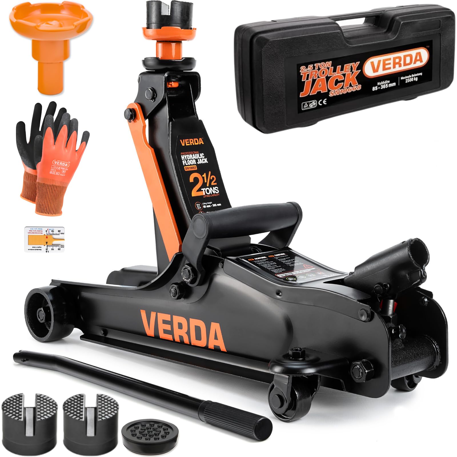 Verda Hydraulischer Wagenheber 2,5T 85-365 mm, 3X Gummiauflage, Koffer, Montagehandschuhe Autoheber Rangierwagenheber Reifenwechsel PKW Geländewagen Wohnmobil