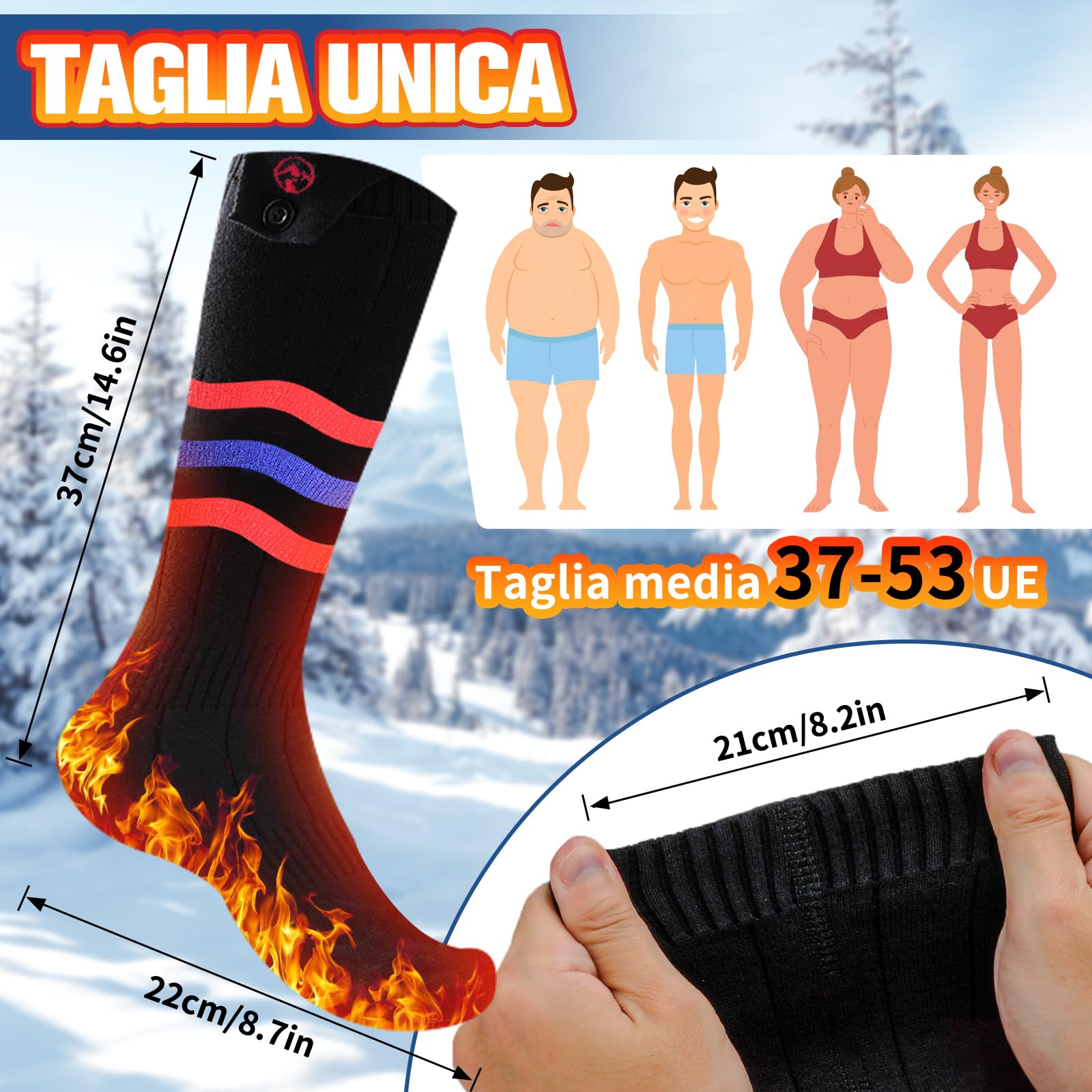 Multper Calze Riscaldate a Batteria per Uomo e Donna, 2×5000mAh Calze Termiche Ricaricabili, 3 Livelli di Calore, Calzini Termici Lavabili, Scaldapiedi Elettrico per Sport, Sci, Campeggio