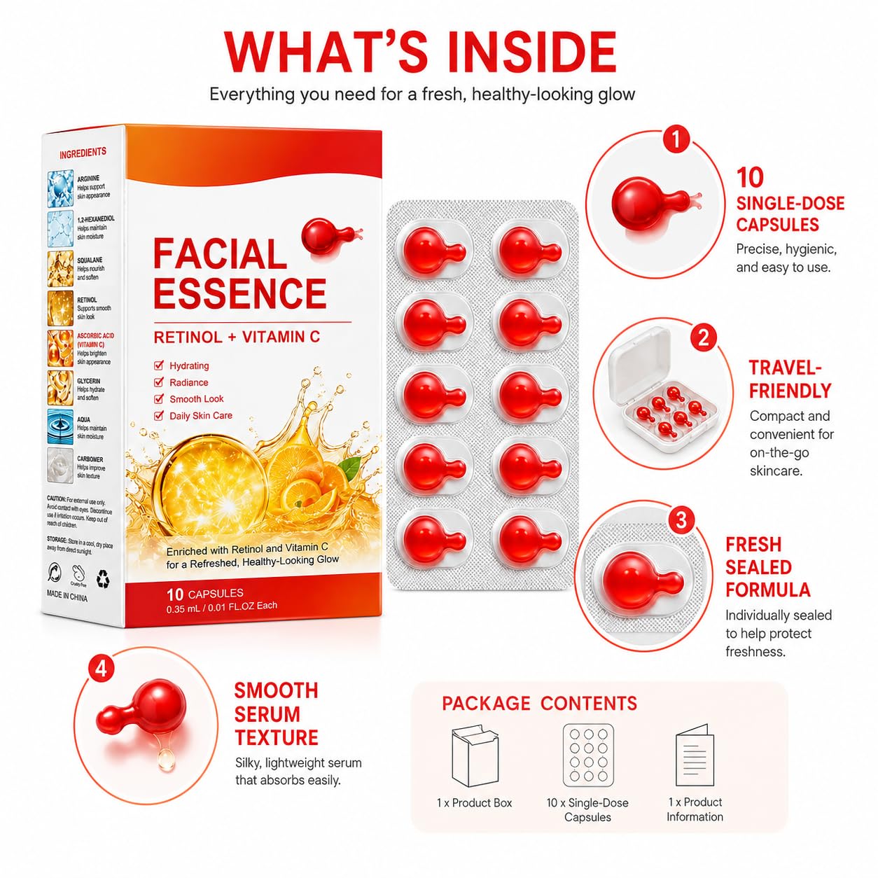 Cápsulas de esencia facial de retinol vitamina C, 40 tiras/4 cajas | Embalaje higiénico de una sola dosis